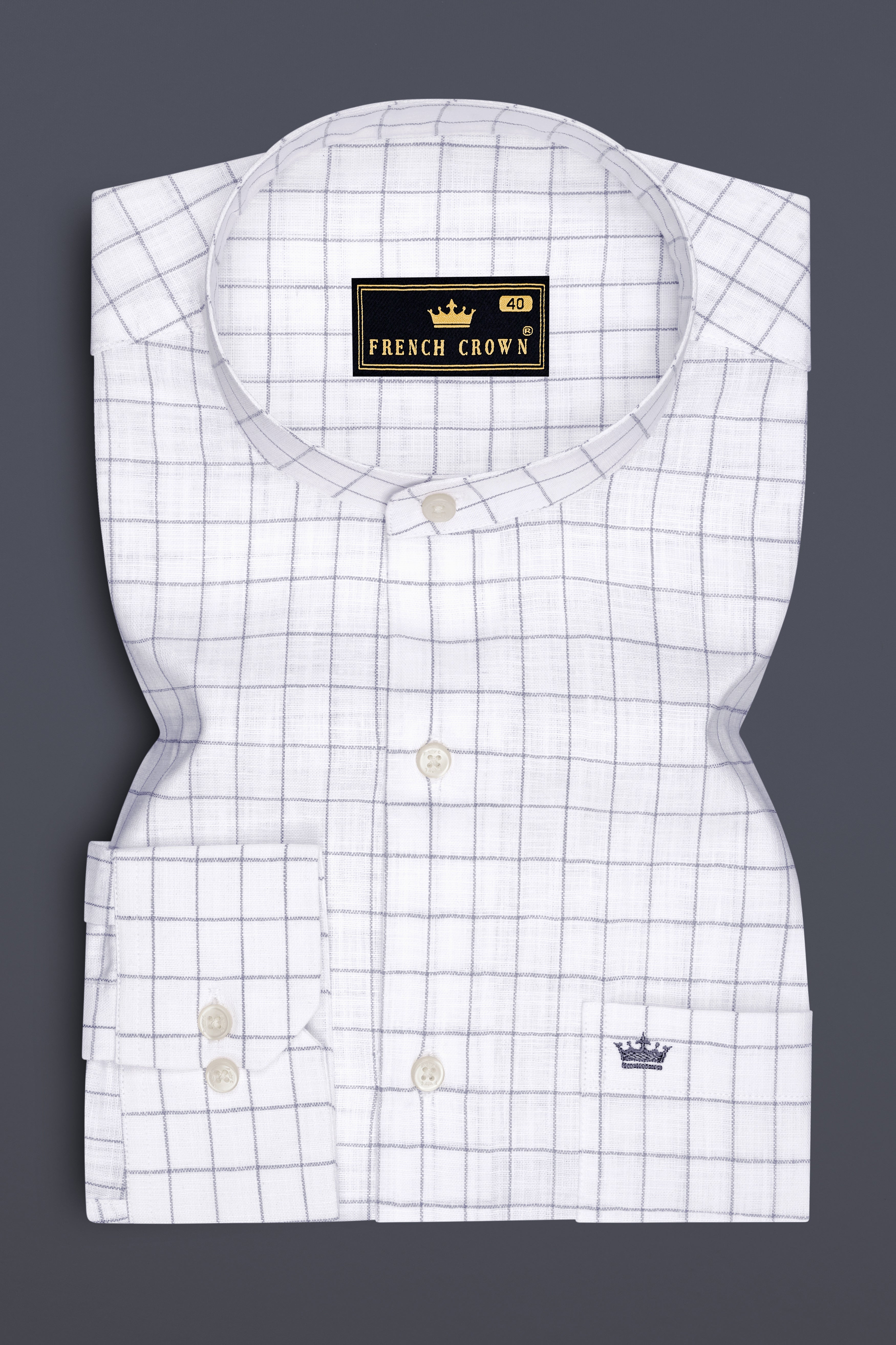 Aureum-Bright White And Bronco Gray Windowpane Luxurious Linen Mandarin Casual Shirt