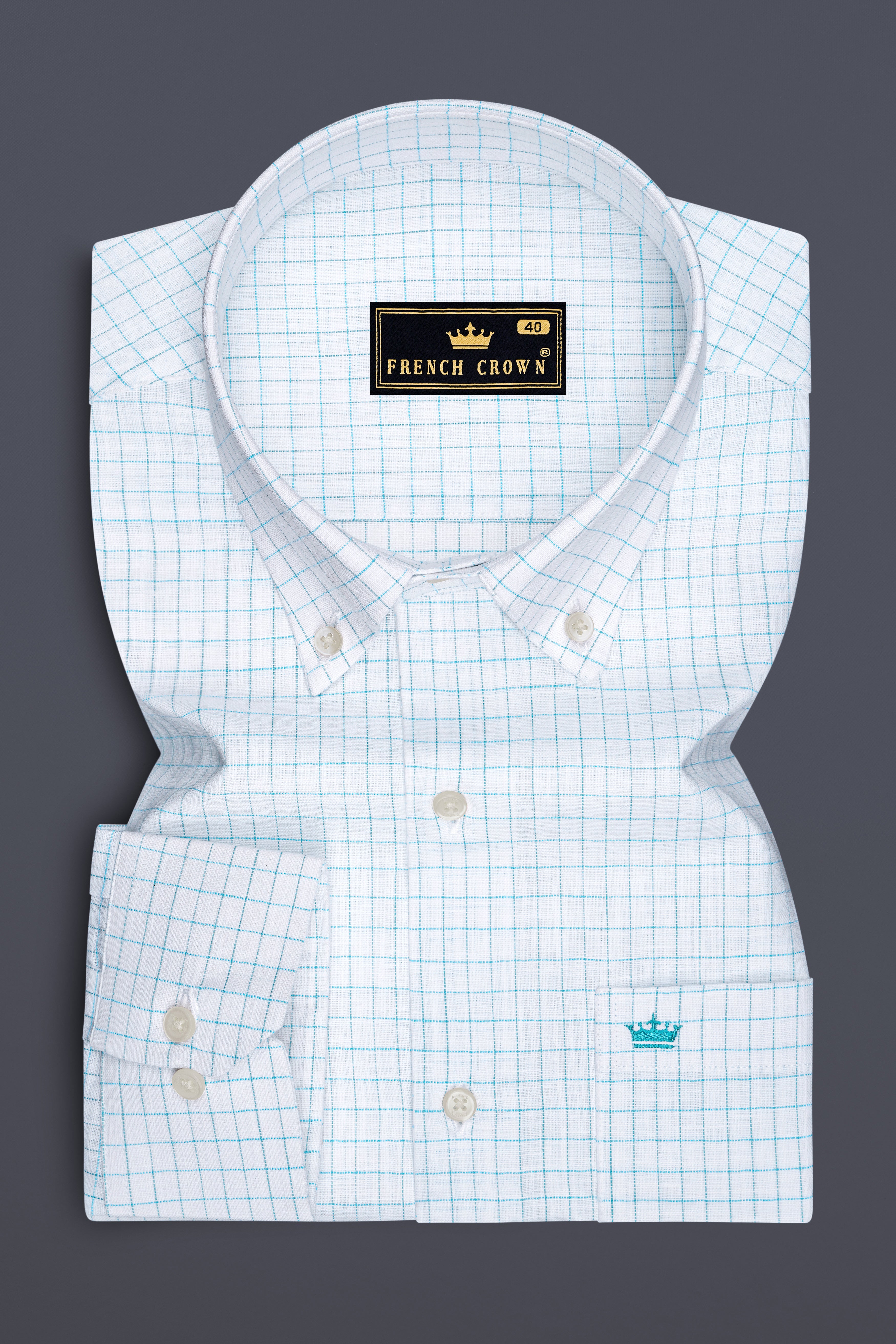 Zephyr-Bright White And Aquamarine Blue Windowpane Luxurious Linen Button Down Dress Shirt