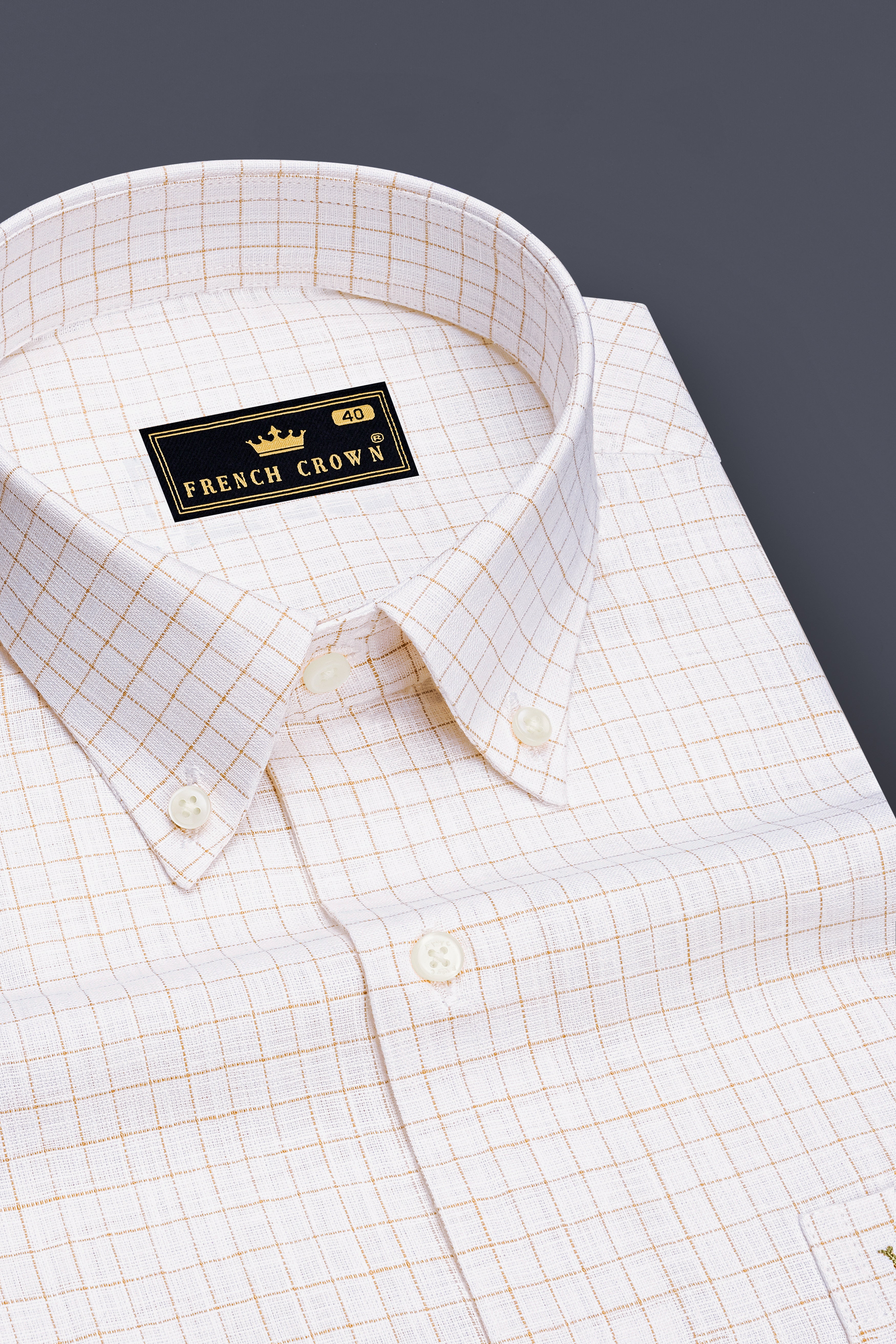 Bristol-Bright White And Tan Brown Windowpane Luxurious Linen Button Down Dress Shirt