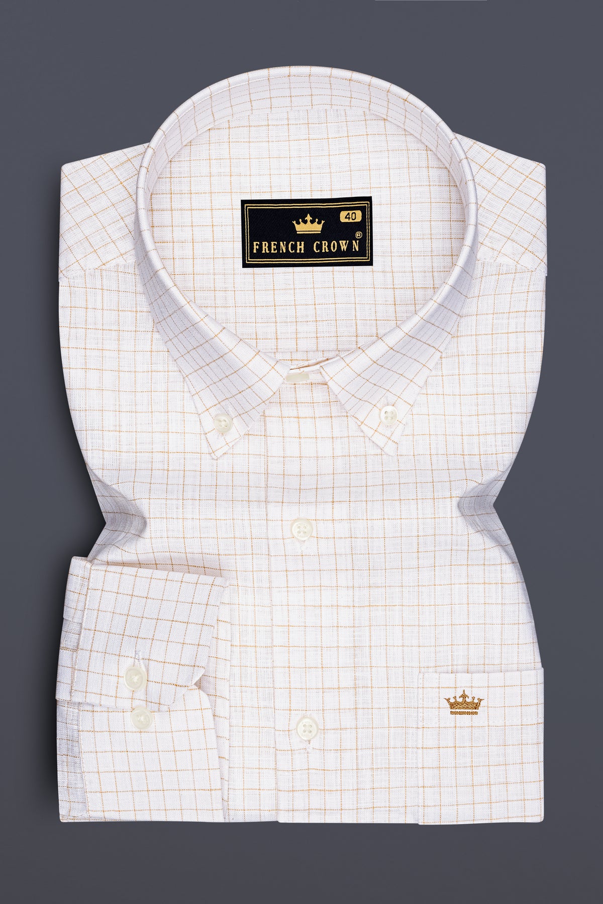 Bristol-Bright White And Tan Brown Windowpane Luxurious Linen Button Down Dress Shirt