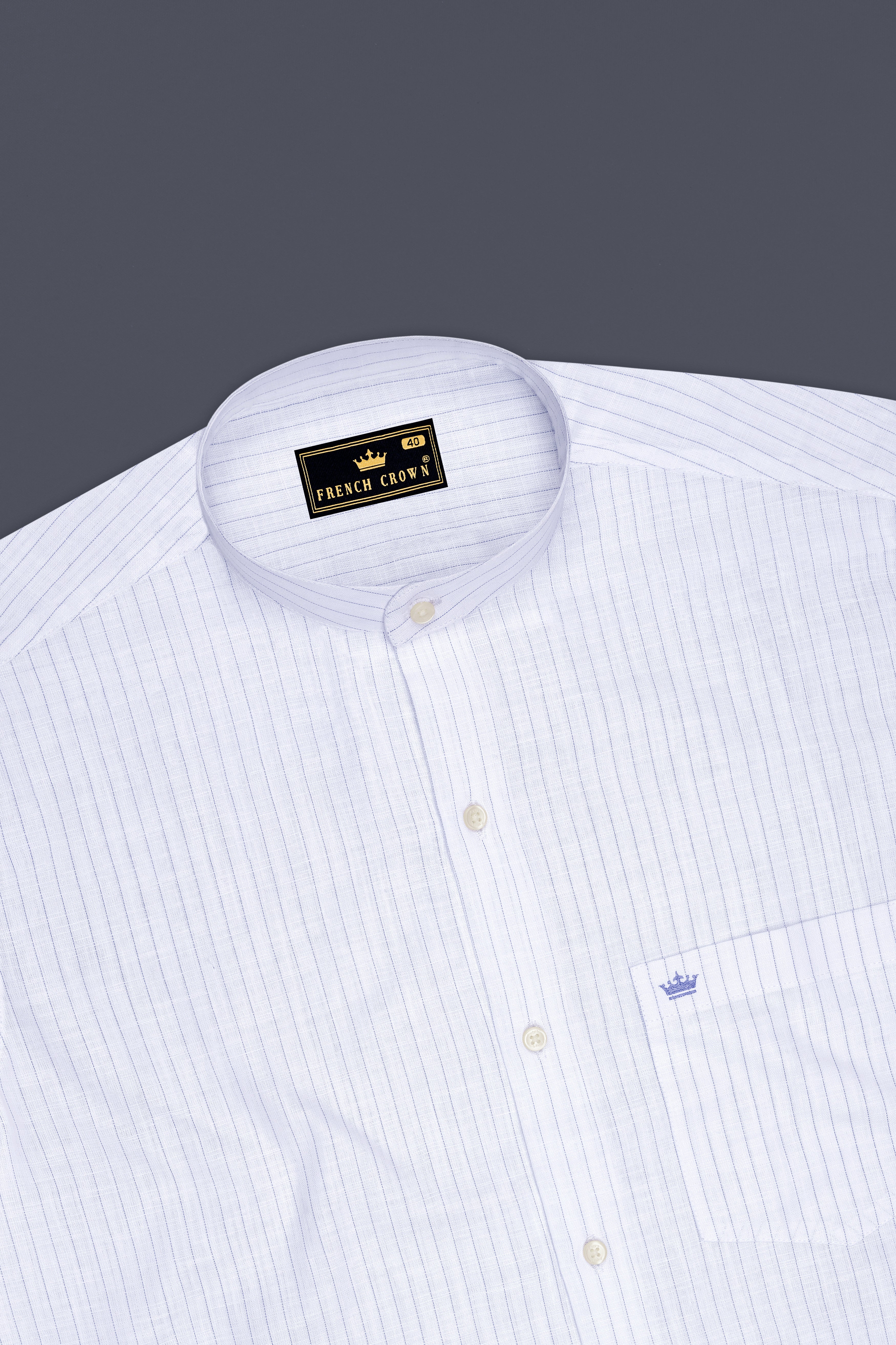 Alviero-Bright White And Bell Blue Pin Striped Luxurious Linen Mandarin Casual Shirt