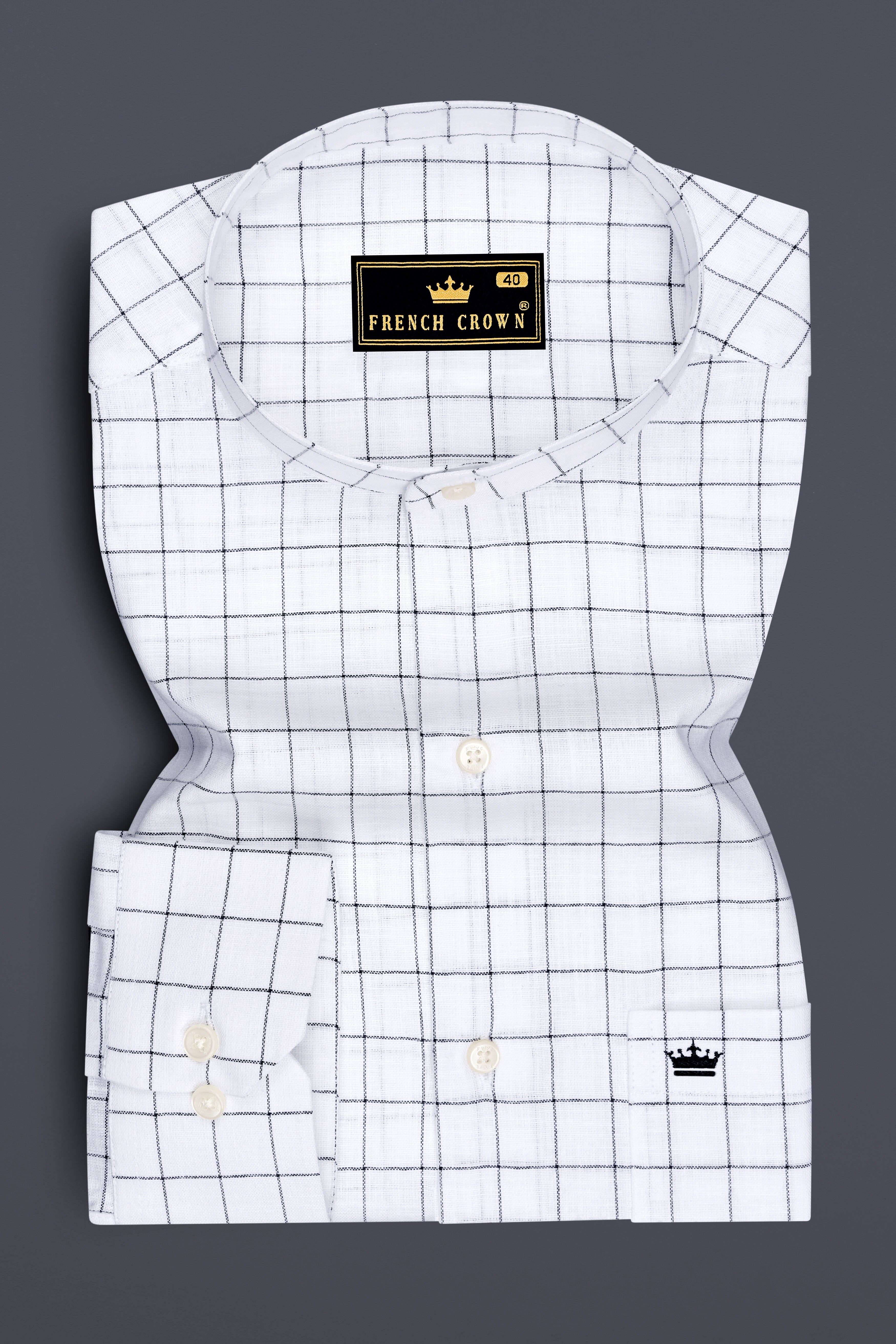 Ardent-Bright White And Jade Black Windowpane Luxurious Linen Mandarin Casual Shirt