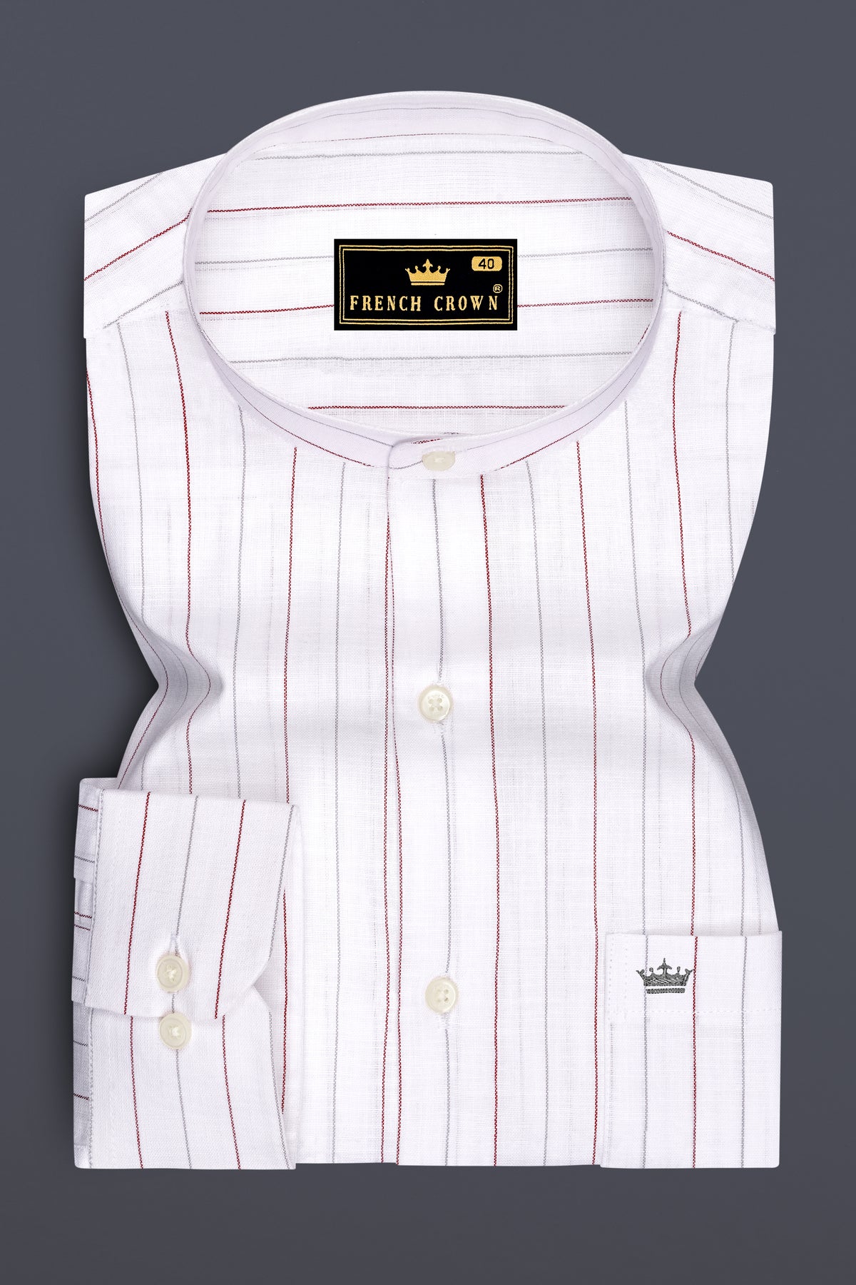 Regent-Bright White And Burnt Red Pin Striped Luxurious Linen Mandarin Casual Shirt