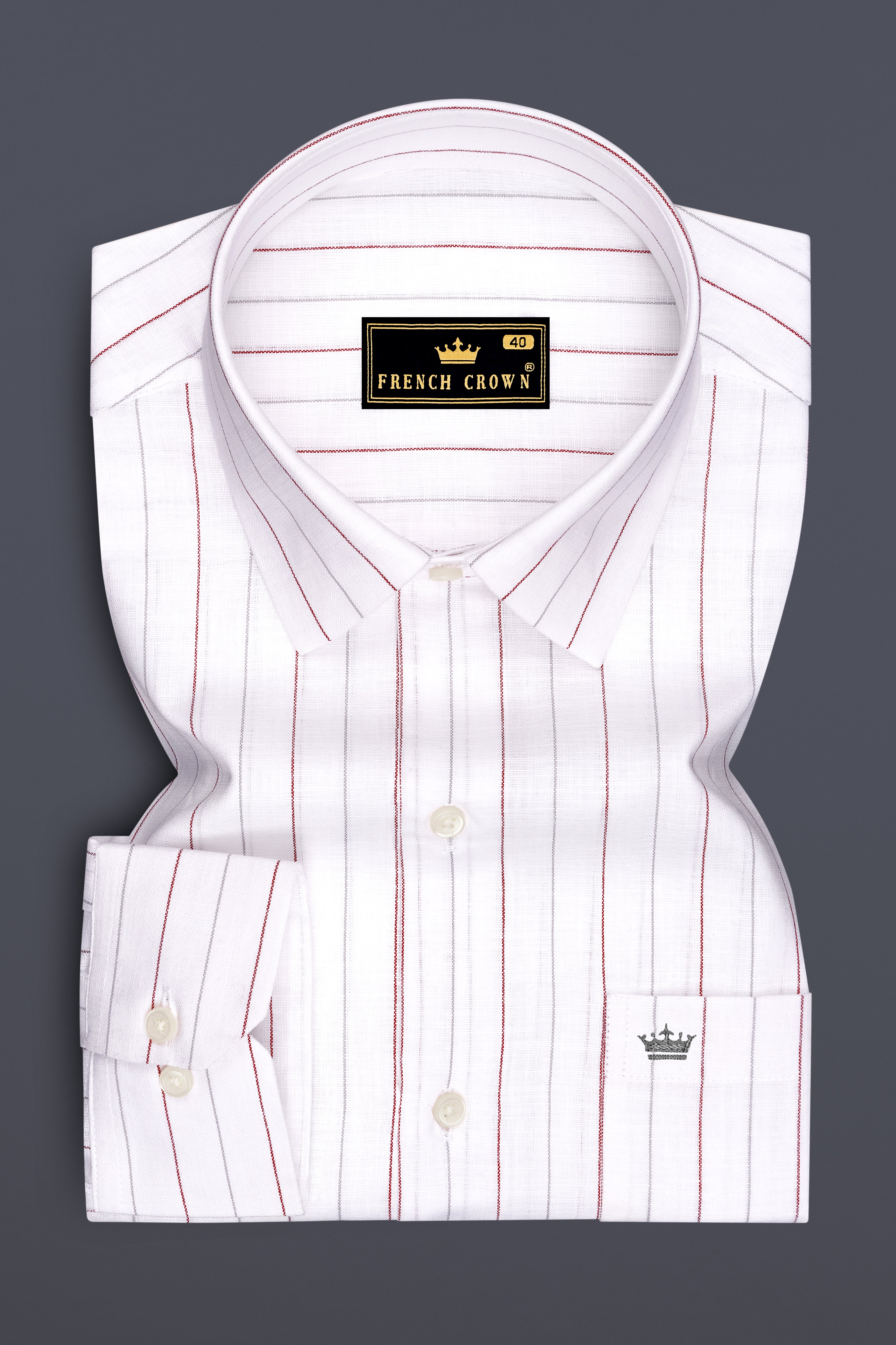 Regent-Bright White And Burnt Red Pin Striped Luxurious Linen Dress Shirt