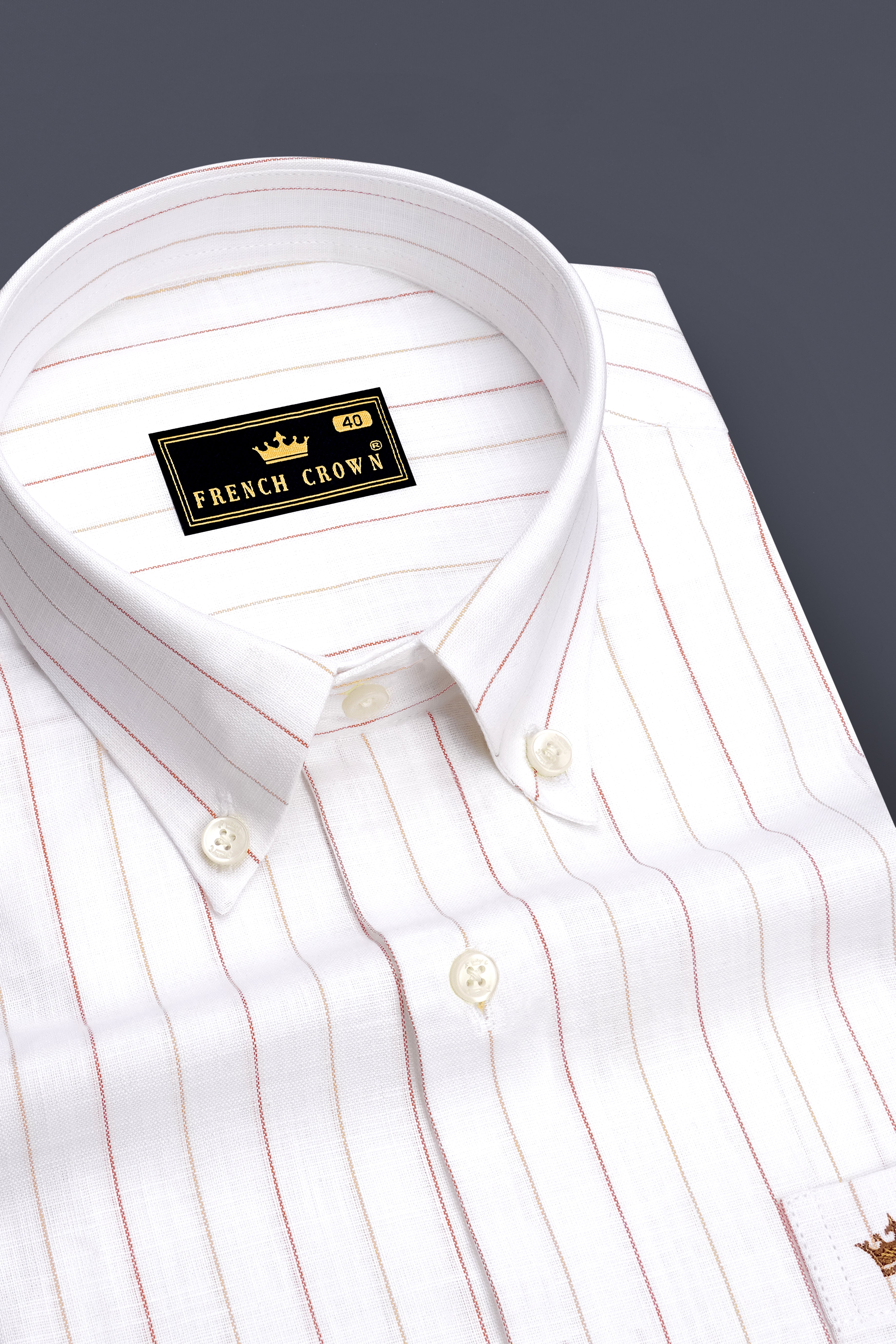 Solenne-Bright White And Auburn Orange Pin Striped Luxurious Linen Button Down Dress Shirt