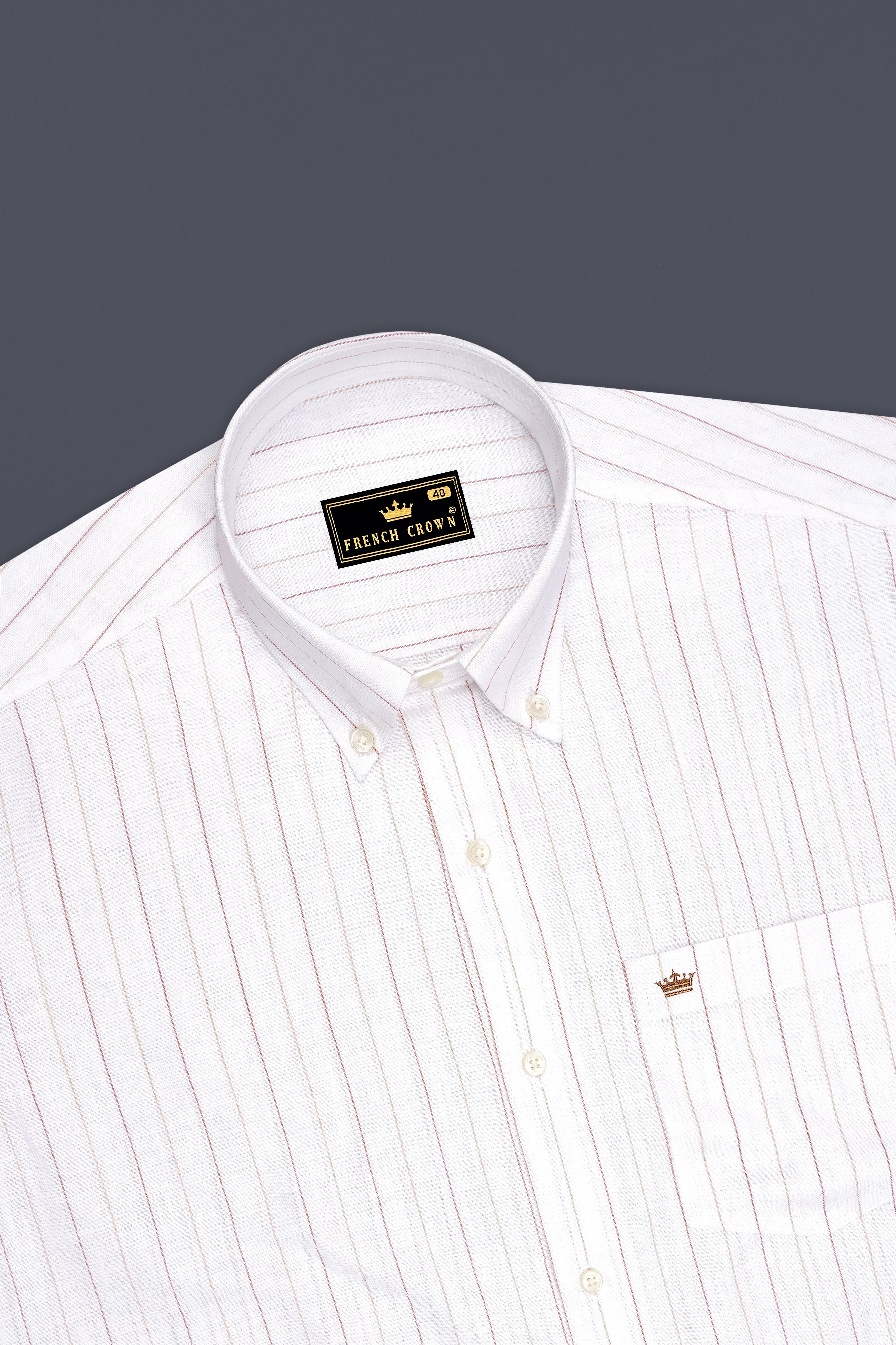 Solenne-Bright White And Auburn Orange Pin Striped Luxurious Linen Button Down Dress Shirt