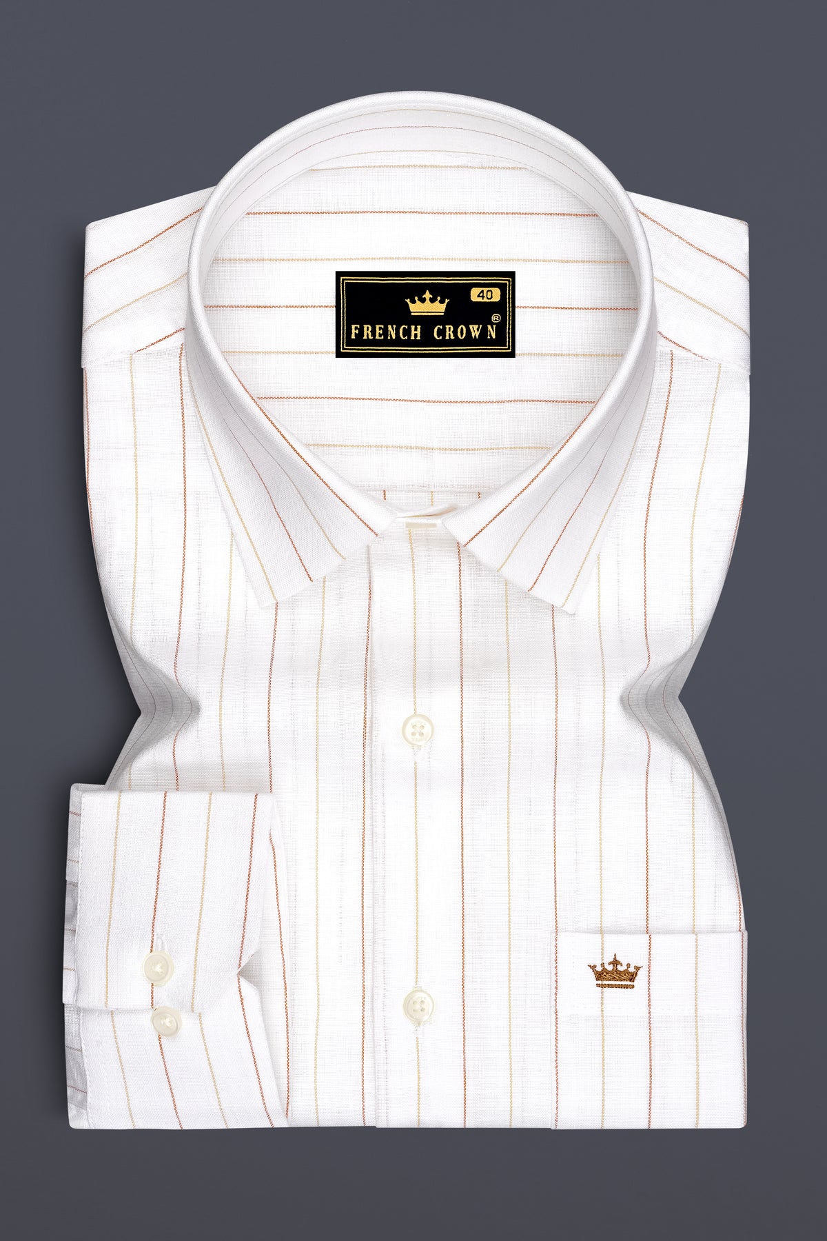 Solenne-Bright White And Auburn Orange Pin Striped Luxurious Linen Dress Shirt