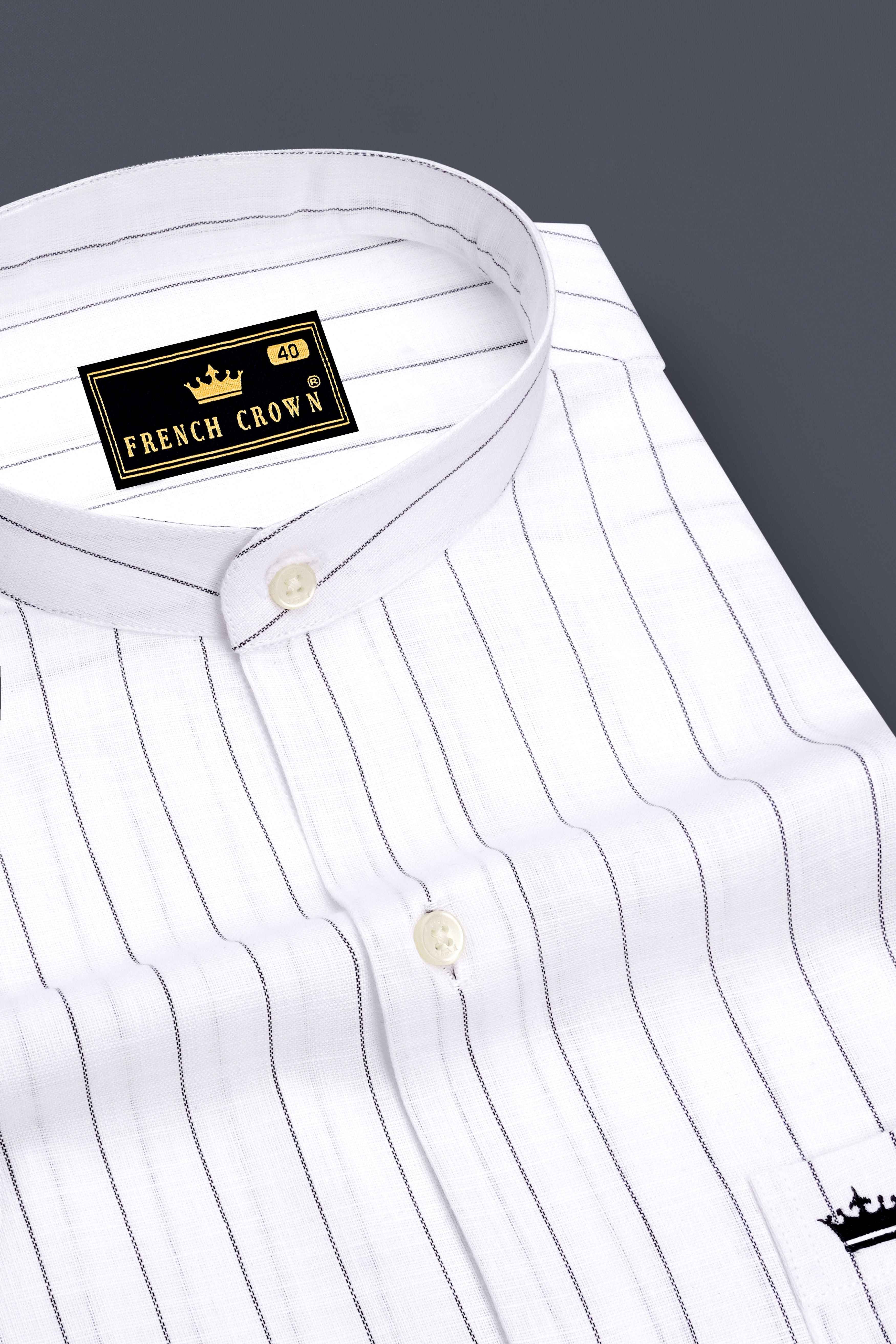 Elysian-Bright White And Jade Black Pin Striped Luxurious Linen Mandarin Casual Shirt