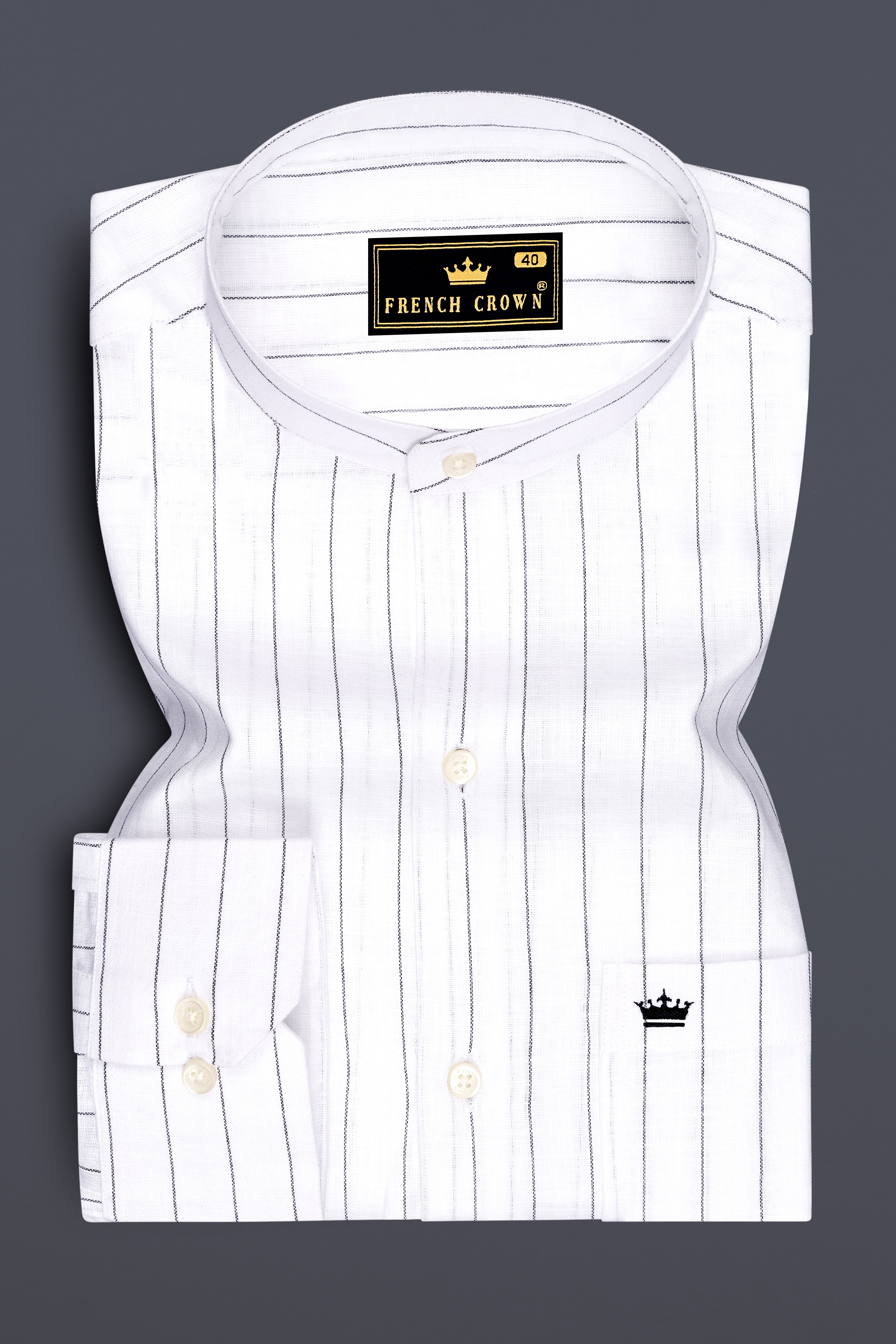 Elysian-Bright White And Jade Black Pin Striped Luxurious Linen Mandarin Casual Shirt