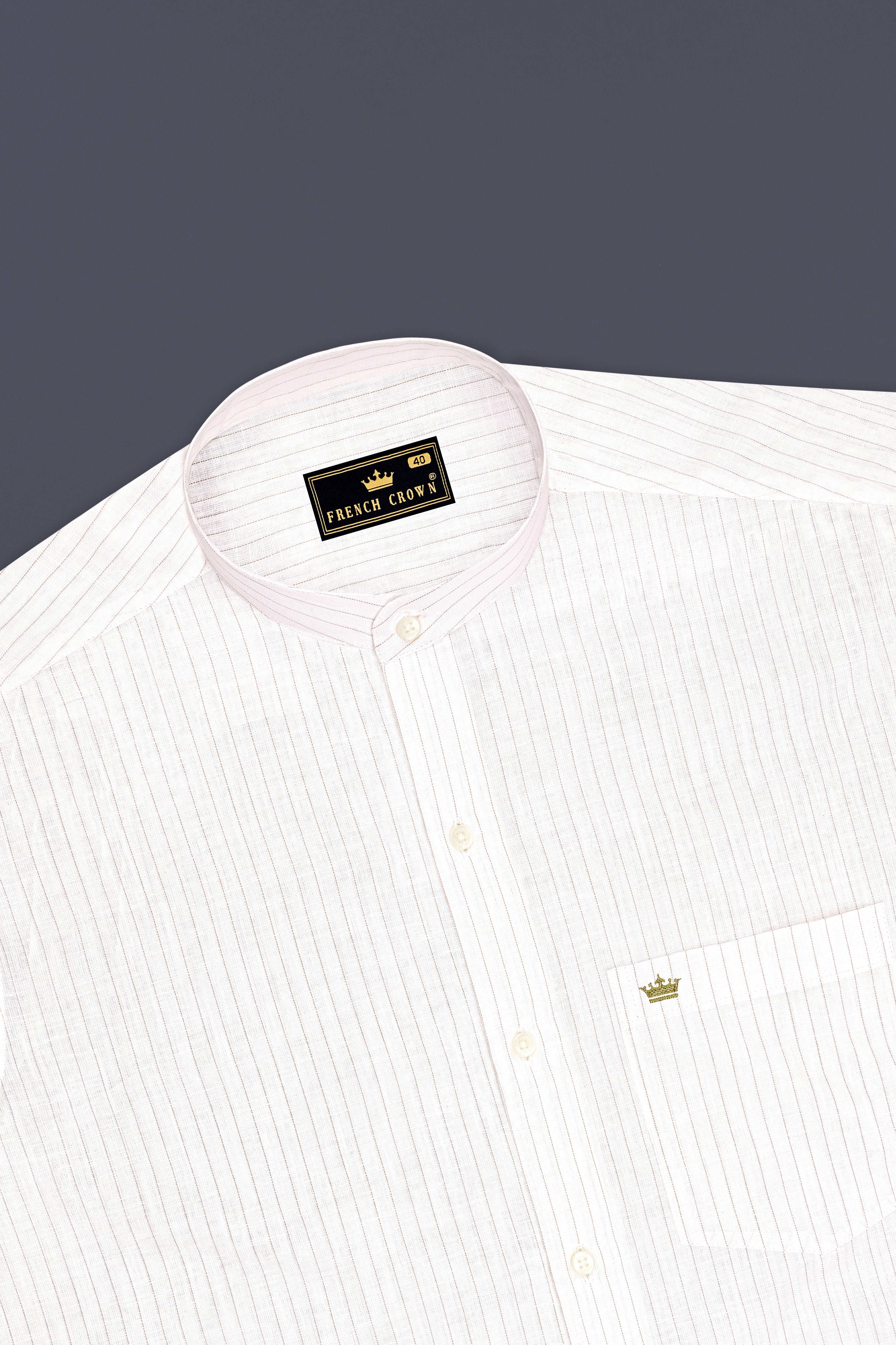 Siena-Bright White And Quicksand Brown Pin Striped Luxurious Linen Mandarin Casual Shirt