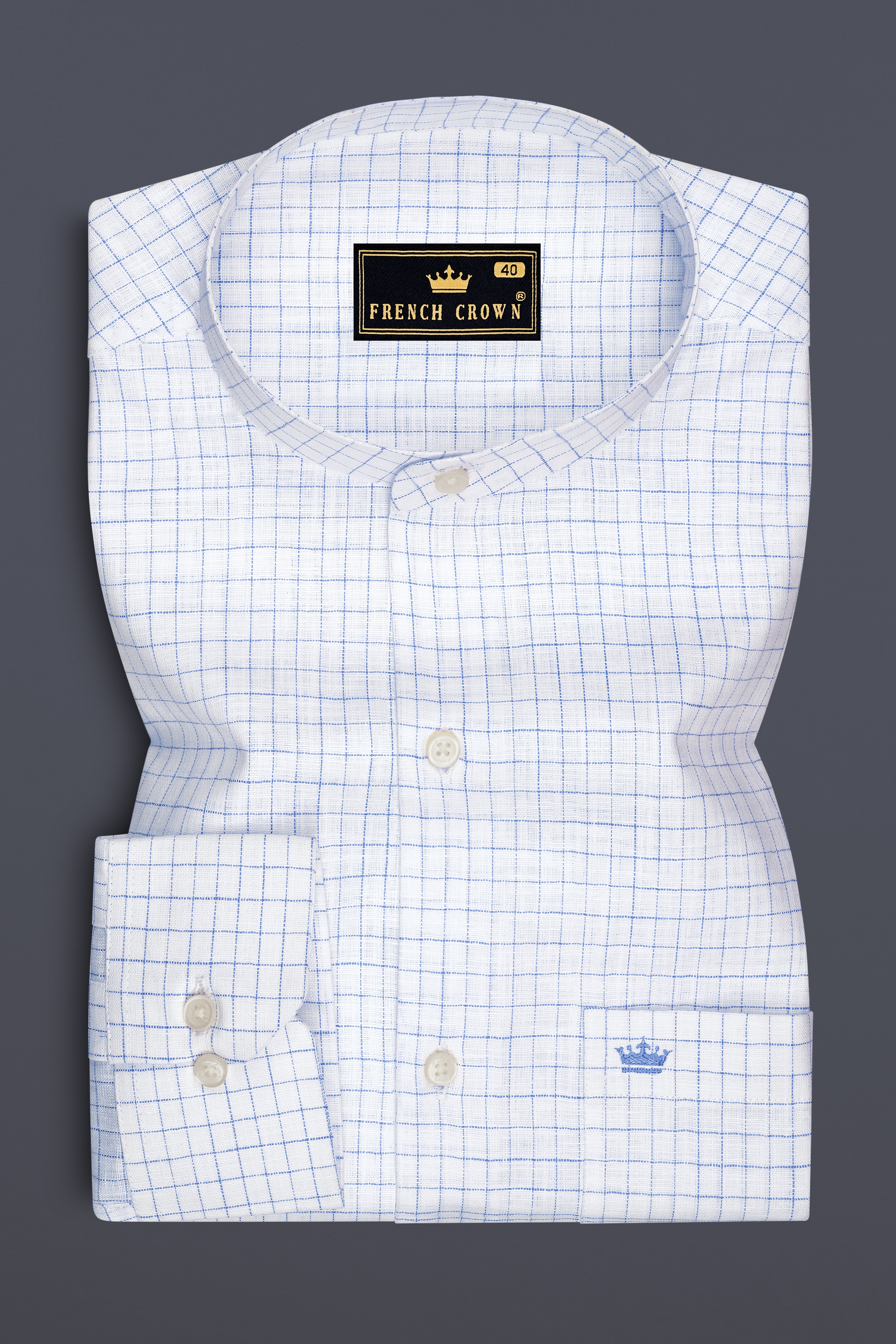 Breeze-Bright White And Tufts Blue Windowpane Luxurious Linen Mandarin Casual Shirt