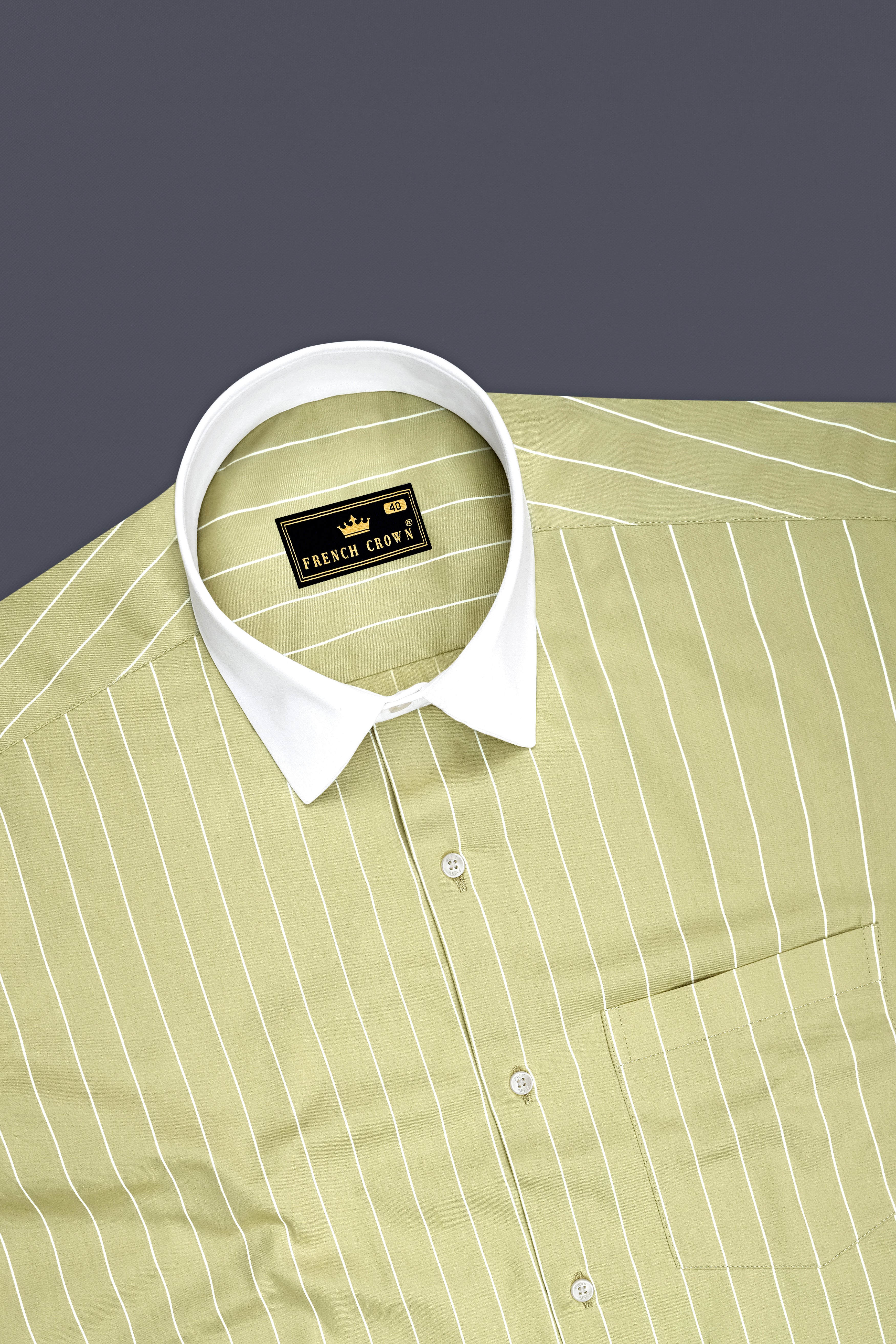 Verdant-Daiquiri Green And Bright White Pin Striped Subtle Sheen Premium Cotton White Cuff Collar Dress Shirt
