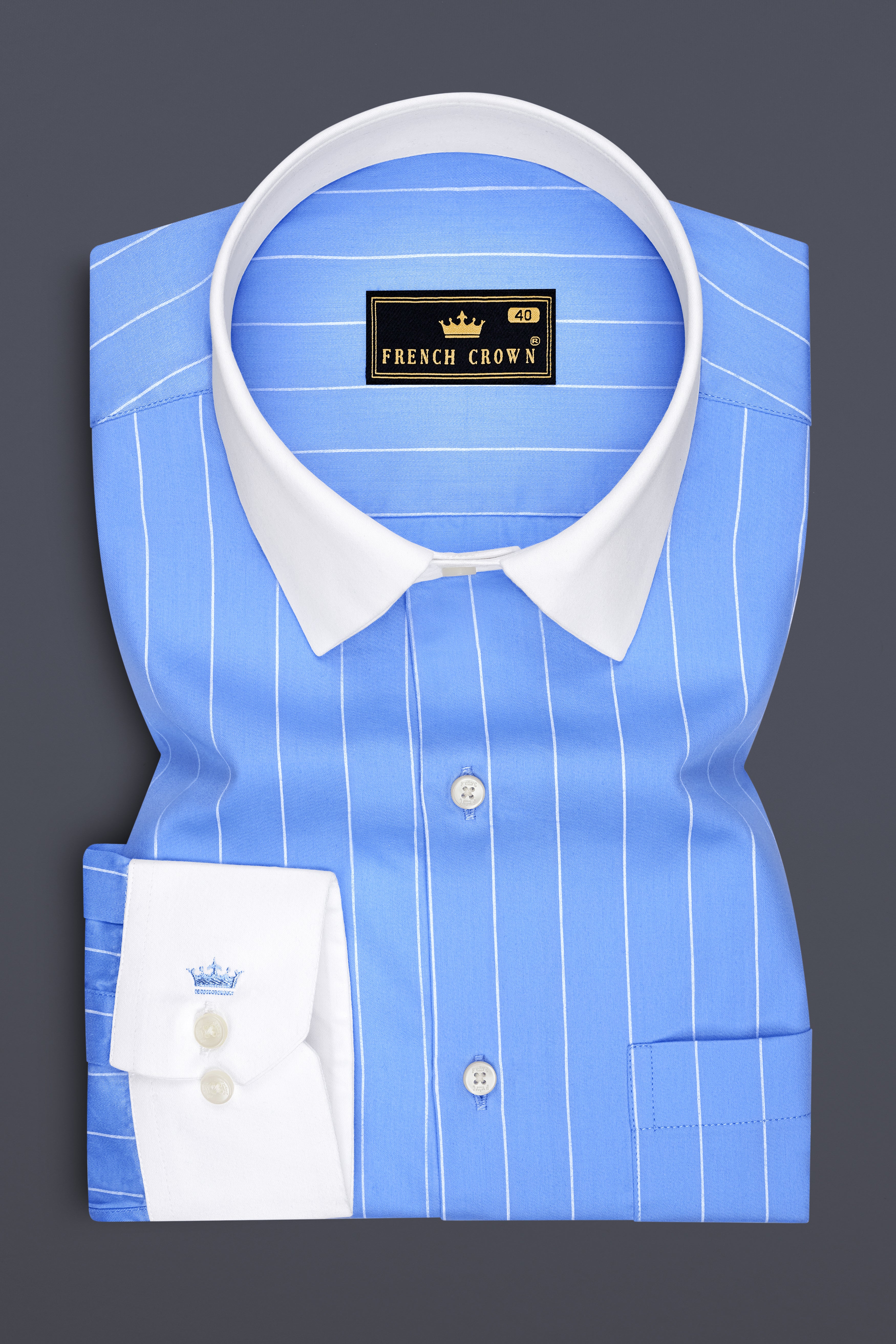 Elaris-Periwinkle Blue And Bright White Pin Striped Subtle Sheen Premium Cotton White Cuff Collar Dress Shirt