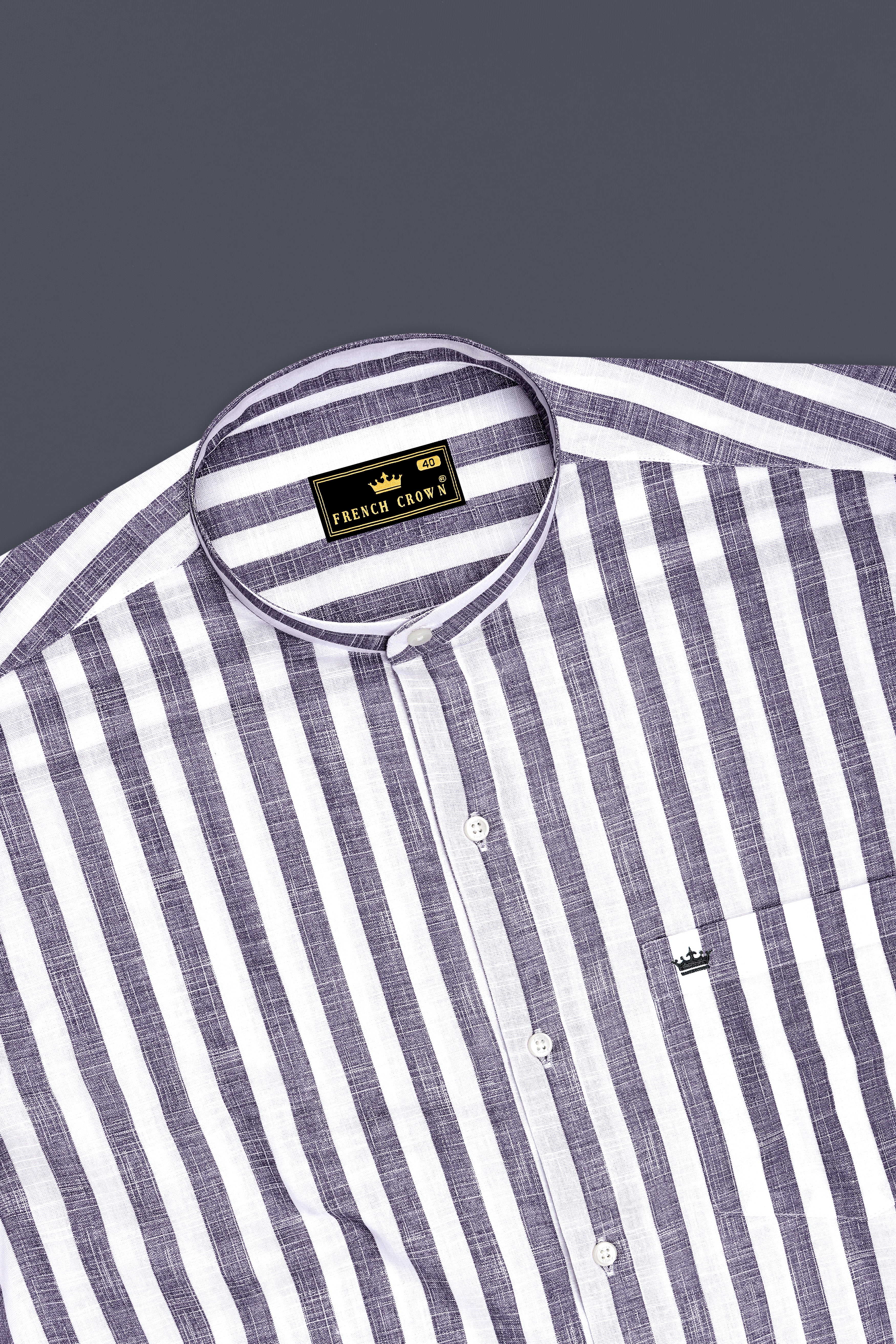 Avelon-Topaz Gray And Bright White Linen-Cotton Blend Mandarin Casual Shirt