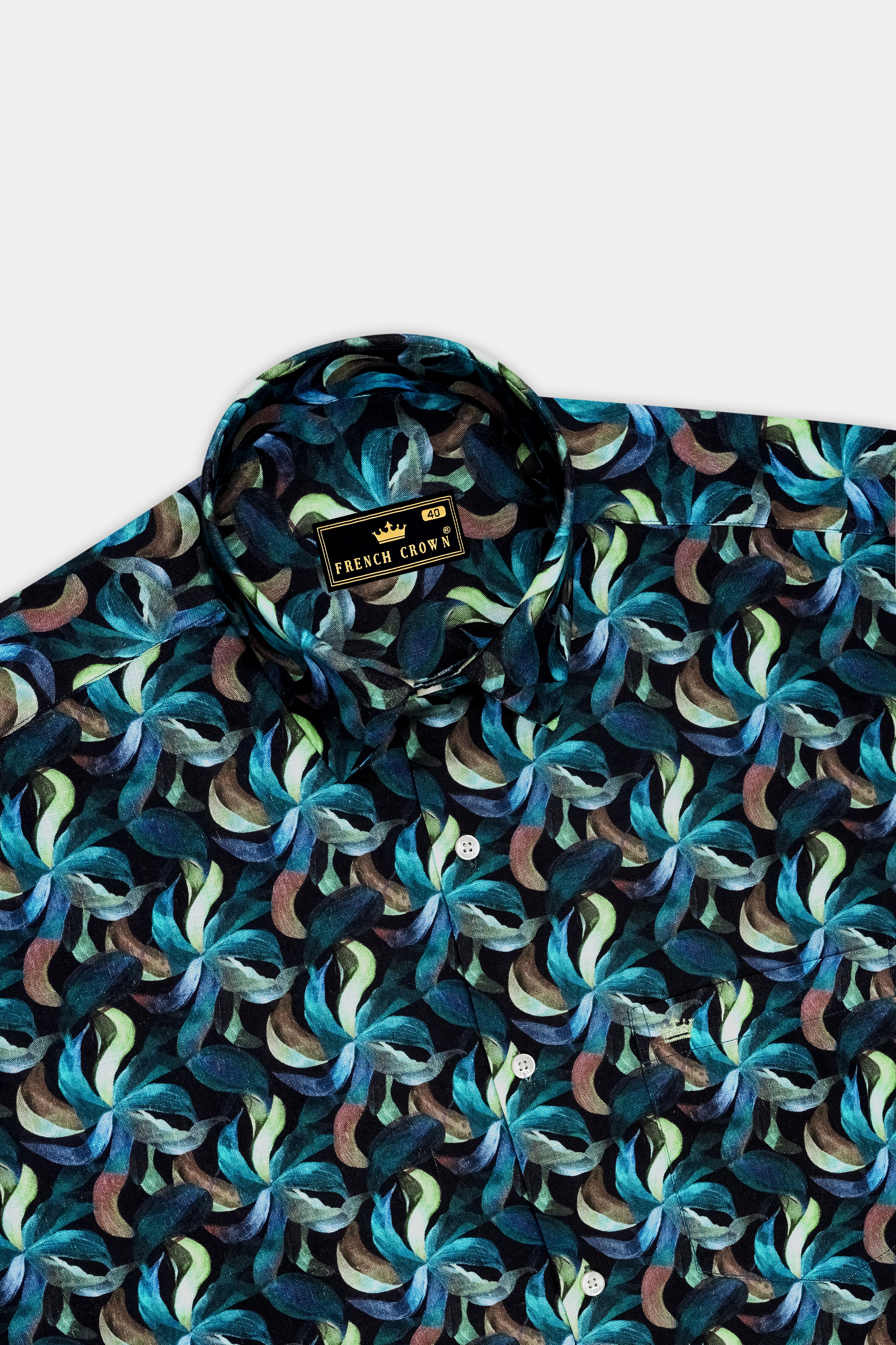 Azuria-Mosque Blue And Fringy Green Multicolor Azure Floral Printed Linen-Cotton Blend Casual Shirt