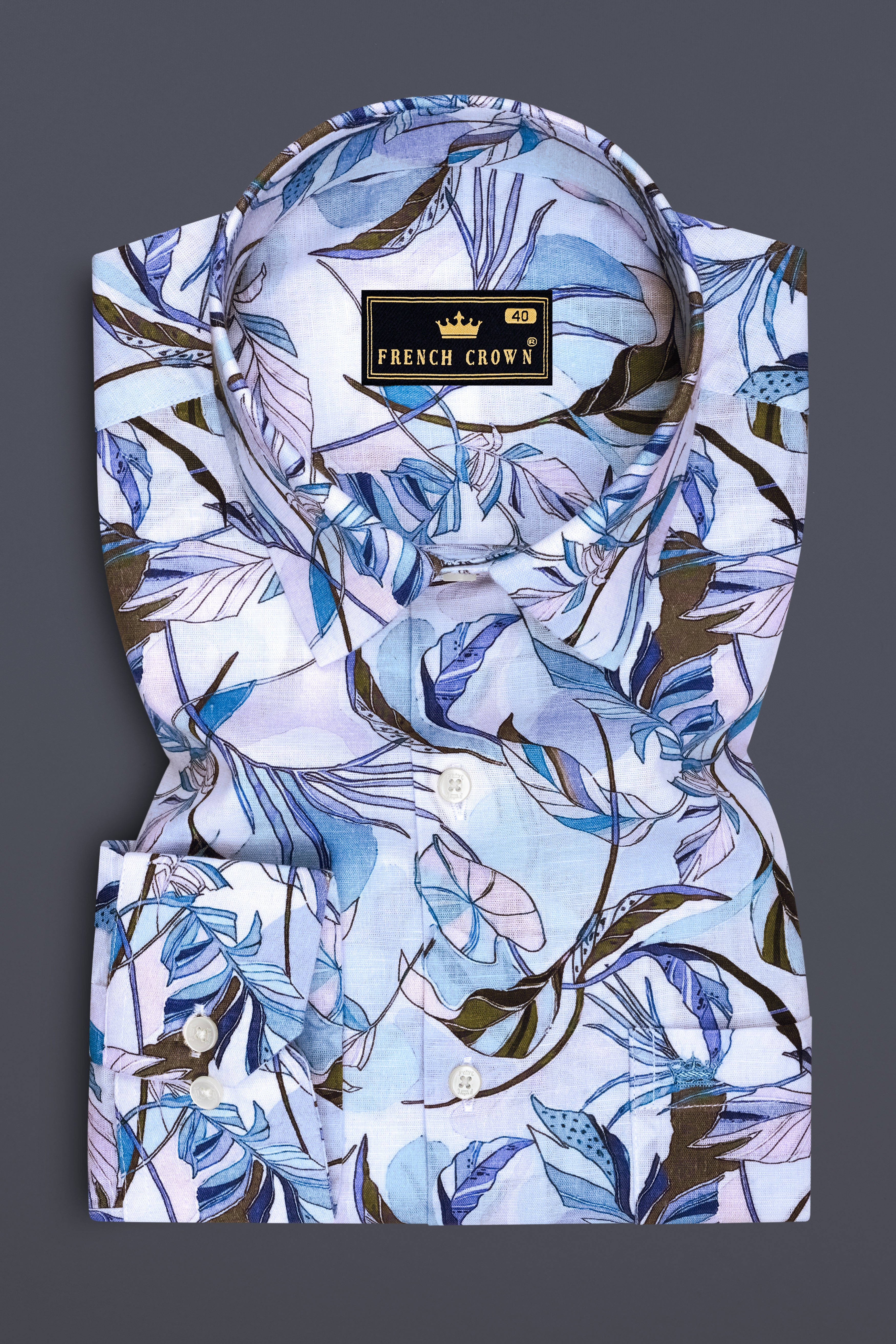 Petalis-Hawkes Blue And Moonraker Purple Botanical Floral Printed Linen-Cotton Blend Mandarin Casual Shirt