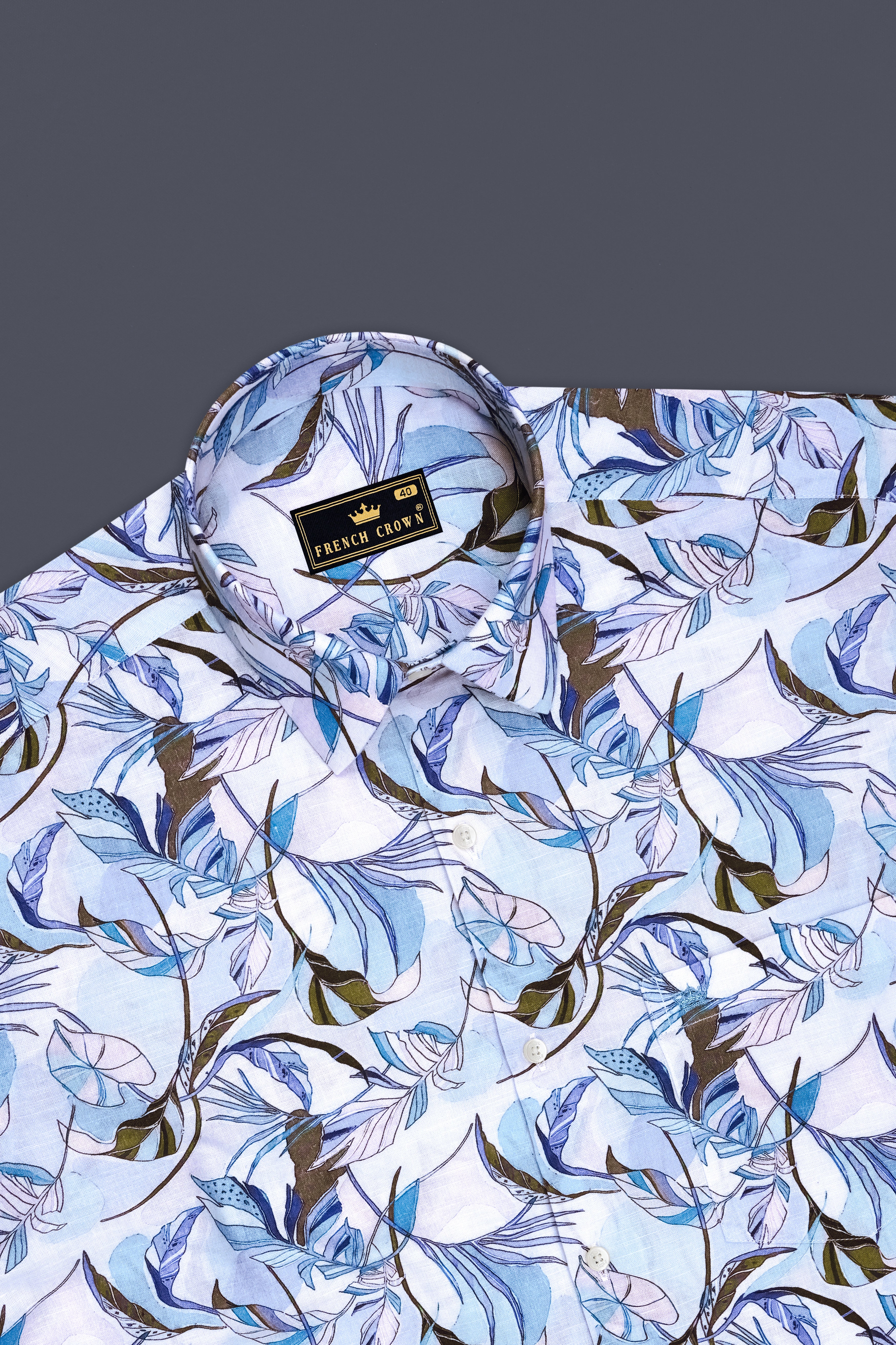 Petalis-Hawkes Blue And Moonraker Purple Botanical Floral Printed Linen-Cotton Blend Mandarin Casual Shirt