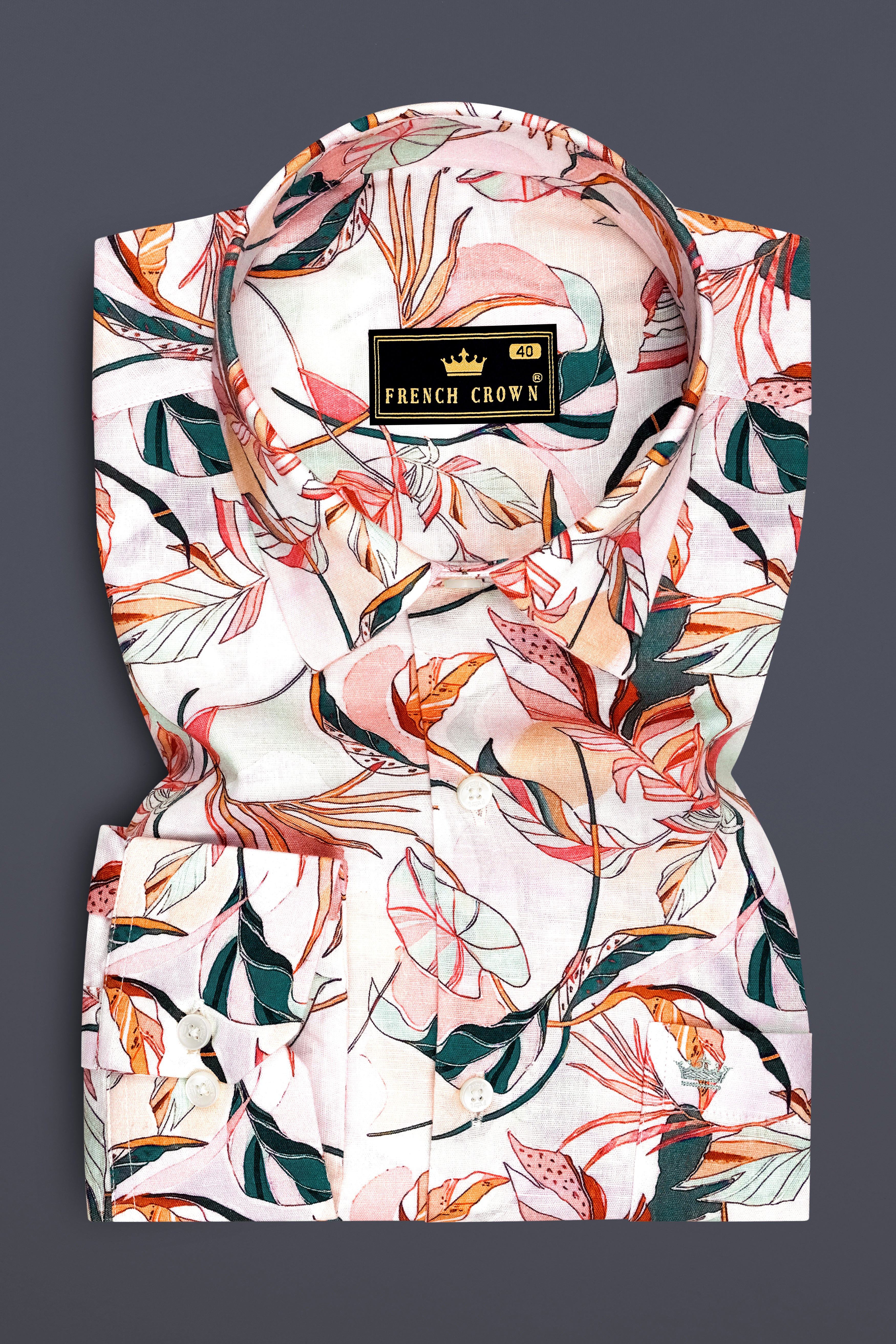 Petalia-Cherub Pink And Flesh Peach Botanical Floral Printed Linen-Cotton Blend Mandarin Casual Shirt