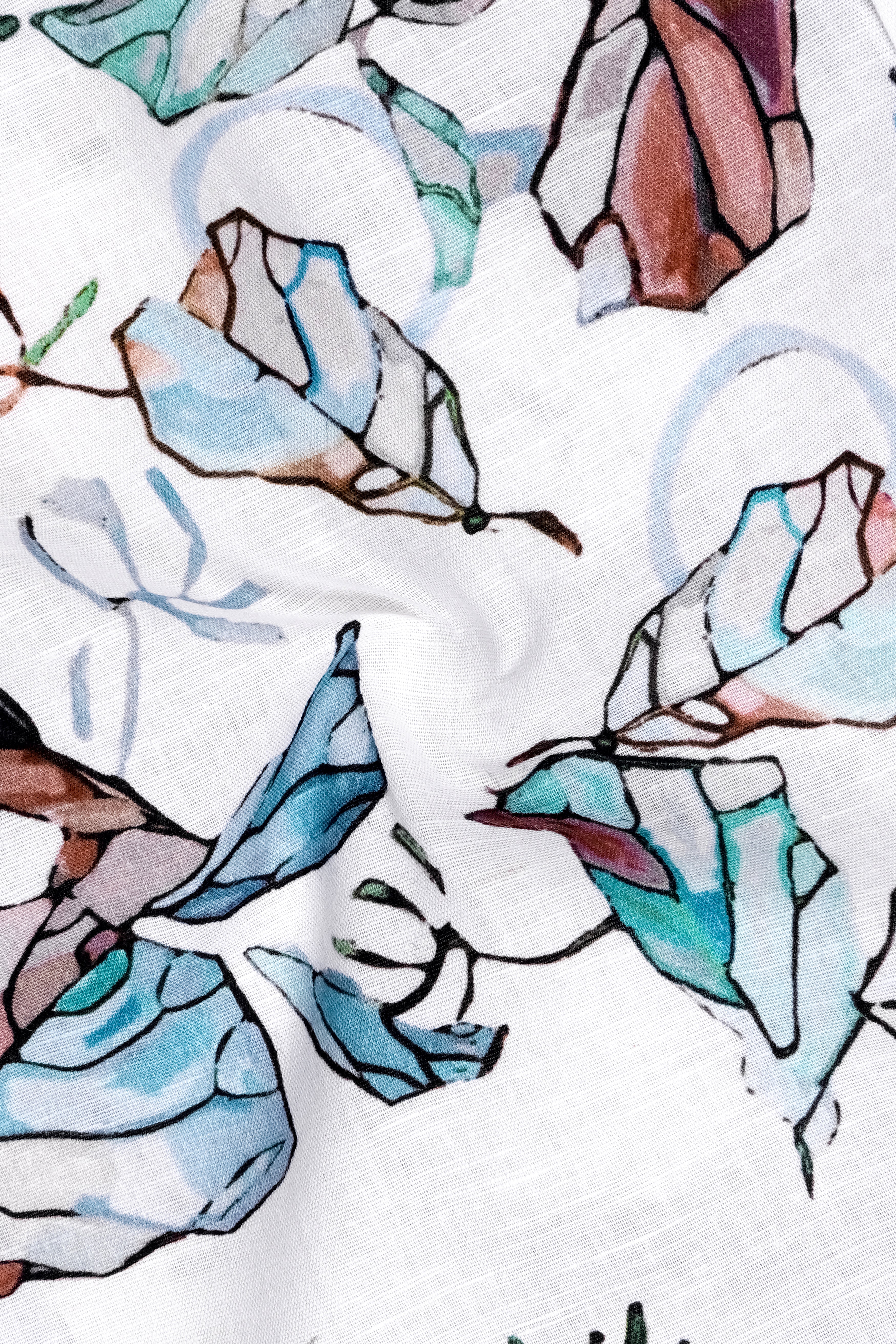 Florent-Bright White And Rubby Brown Multicolor Bloom Floral Printed Linen-Cotton Blend Mandarin Casual Shirt