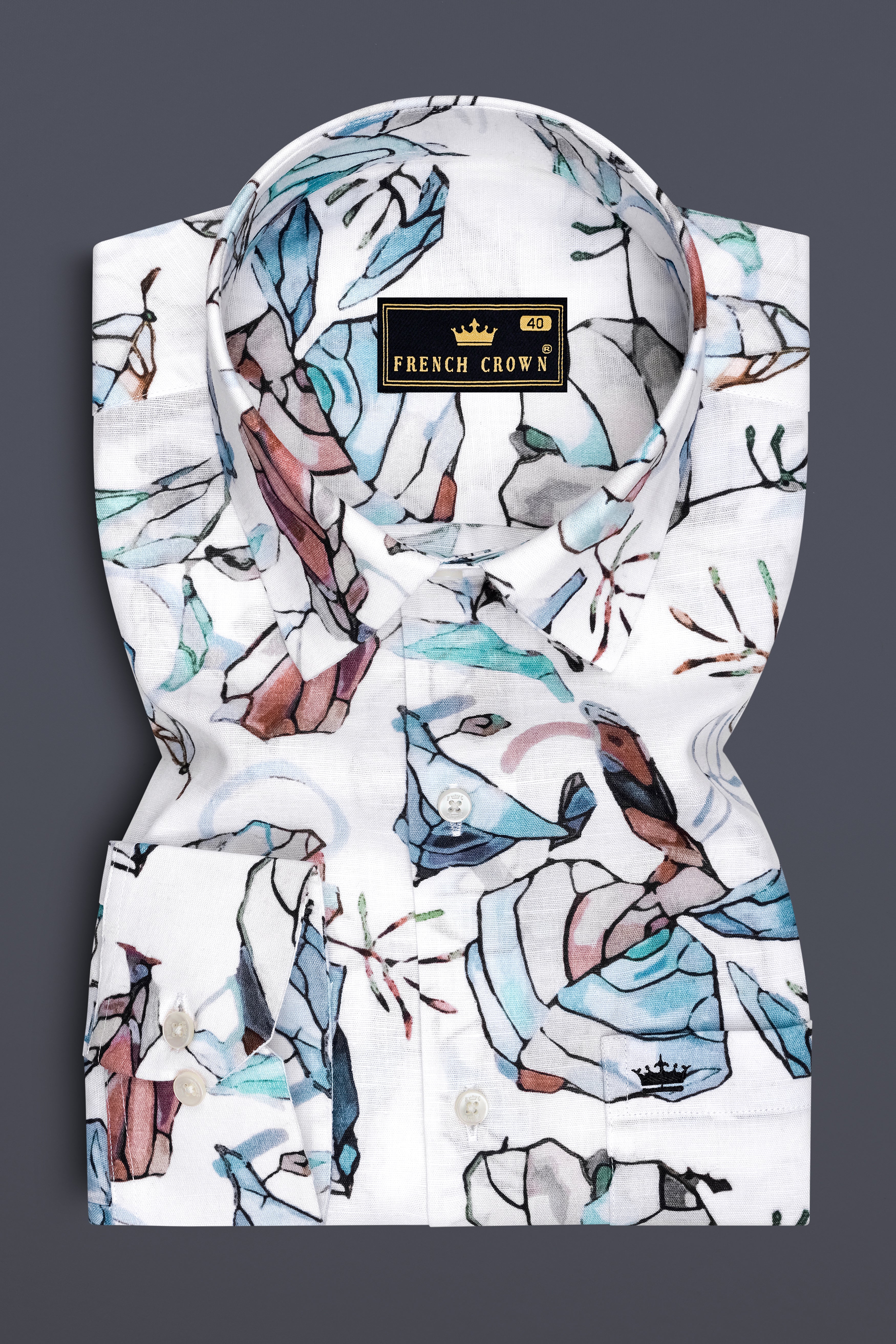 Florent-Bright White And Rubby Brown Multicolor Bloom Floral Printed Linen-Cotton Blend Mandarin Casual Shirt
