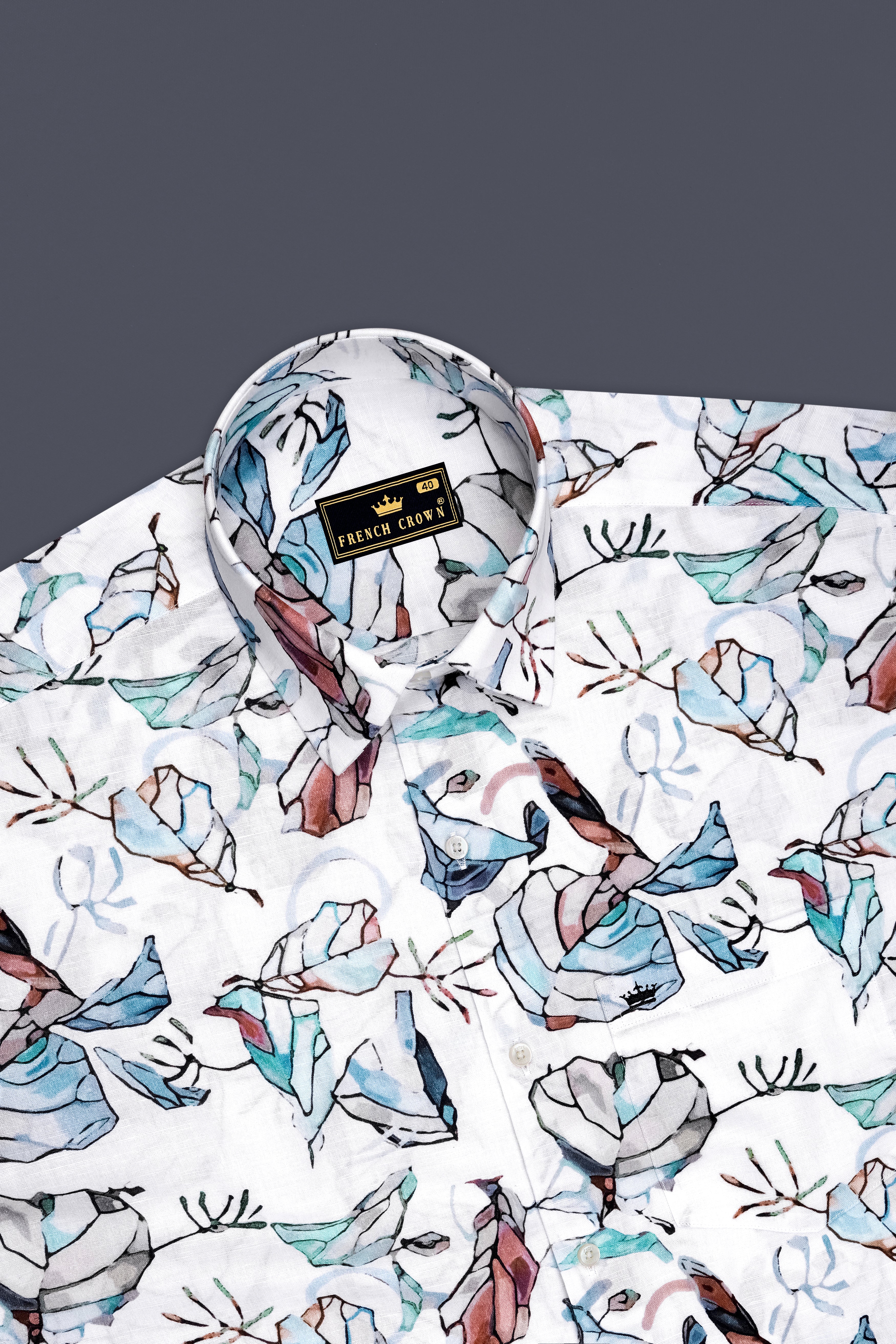Florent-Bright White And Rubby Brown Multicolor Bloom Floral Printed Linen-Cotton Blend Mandarin Casual Shirt