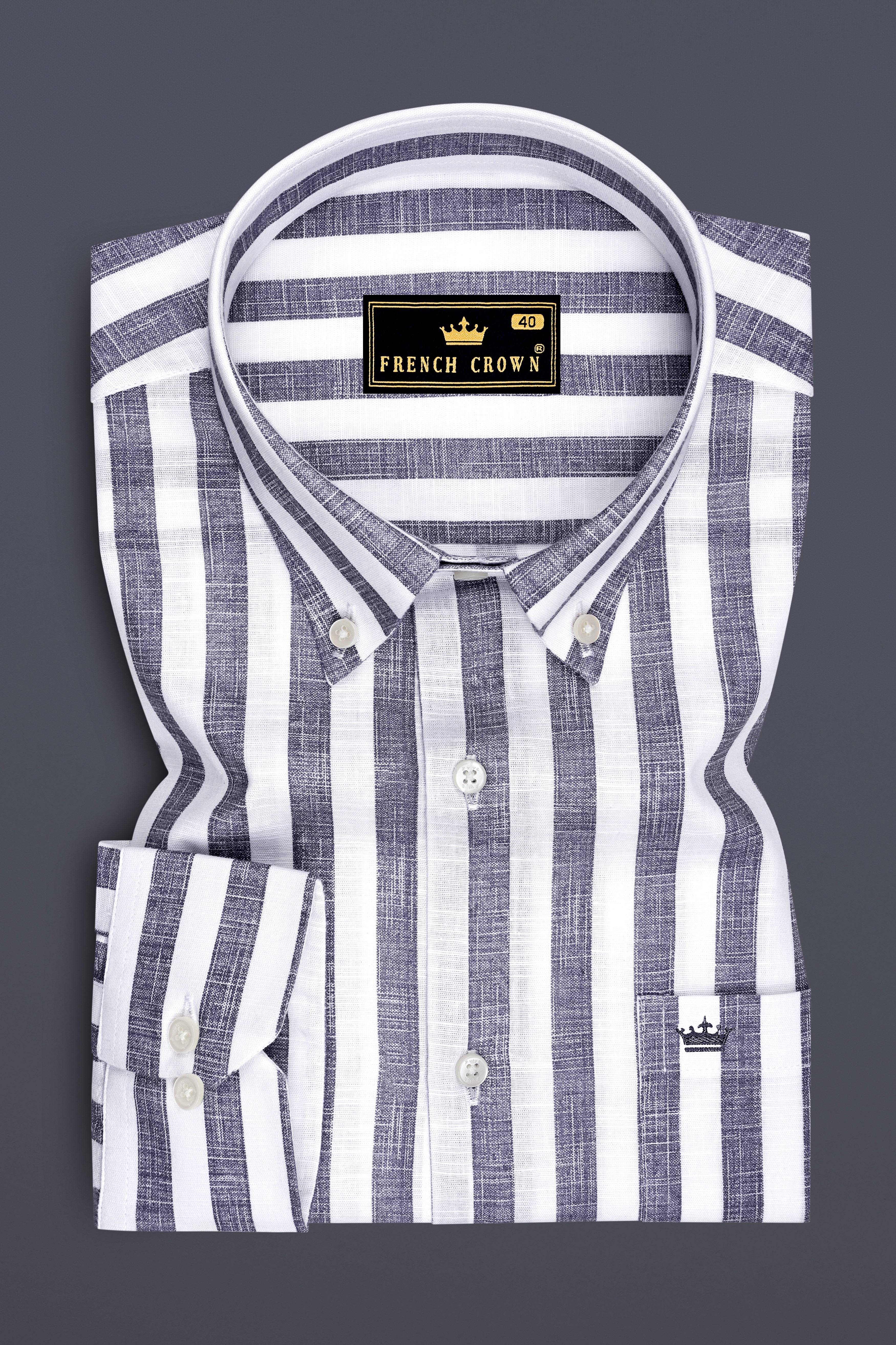 Avelon-Topaz Gray And Bright White Linen-Cotton Blend Button Down Dress Shirt