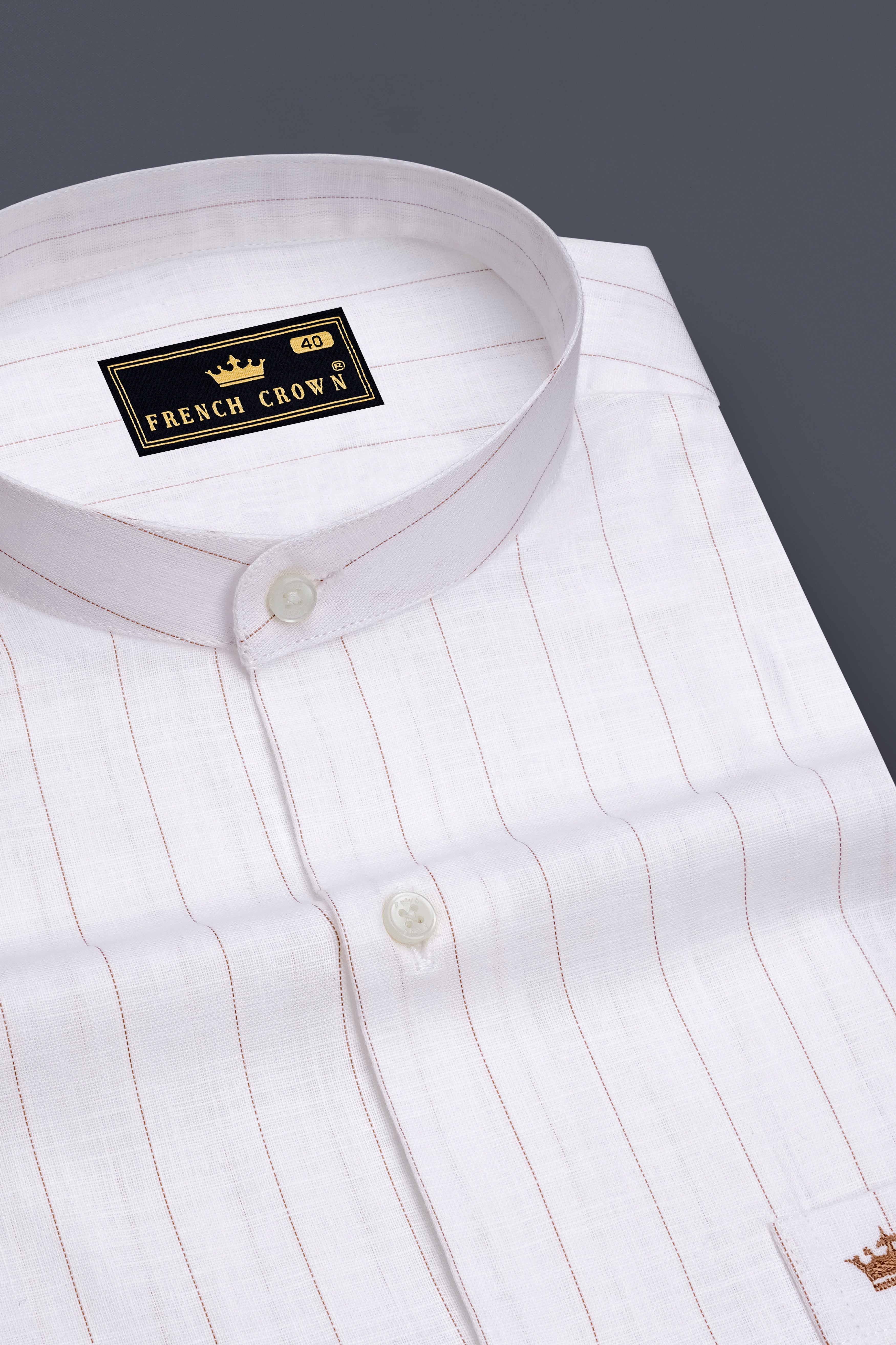 Prestige-Bright White And Cocoa Brown Pin Striped Luxurious Linen Mandarin Casual Shirt