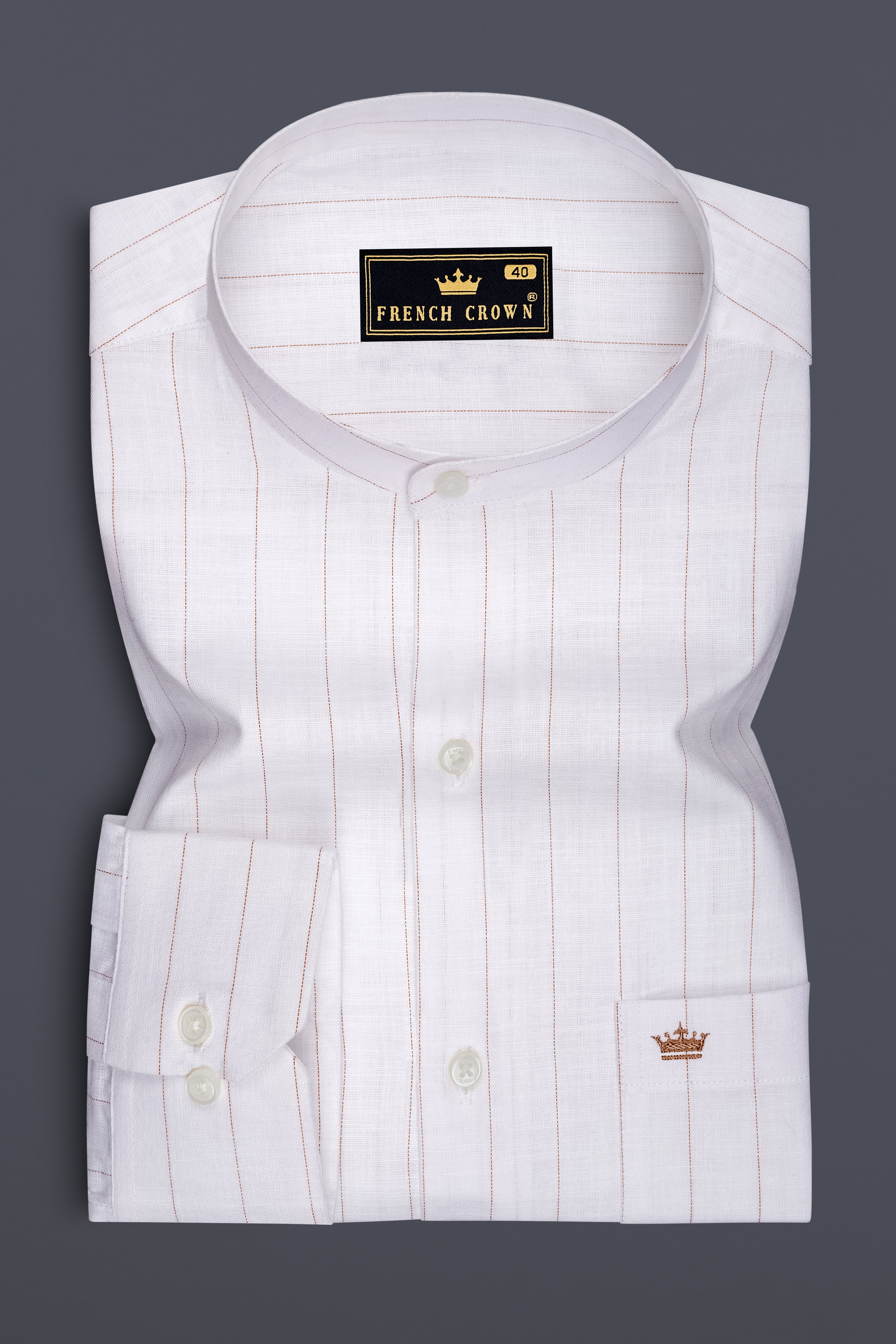 Prestige-Bright White And Cocoa Brown Pin Striped Luxurious Linen Mandarin Casual Shirt