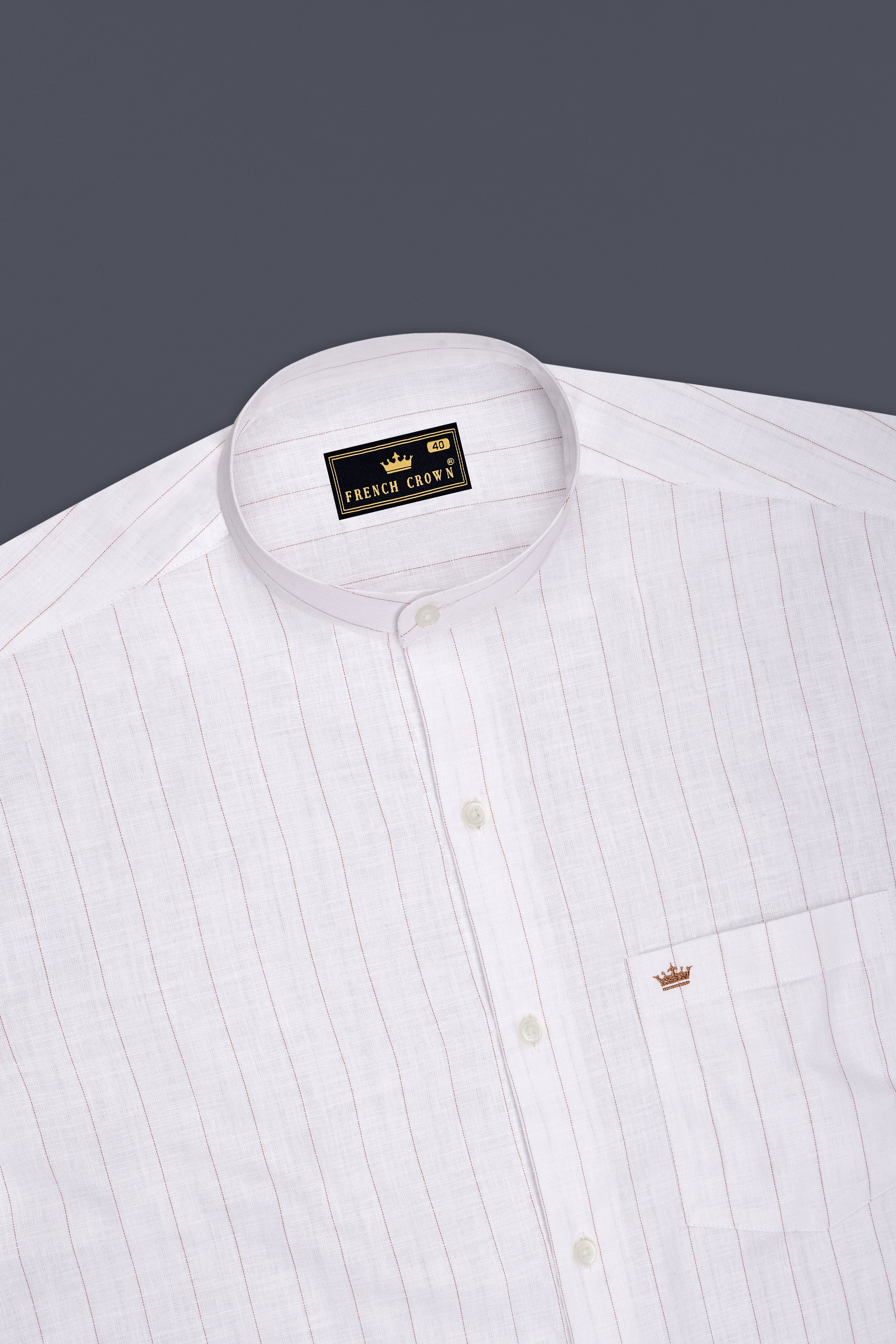 Prestige-Bright White And Cocoa Brown Pin Striped Luxurious Linen Mandarin Casual Shirt
