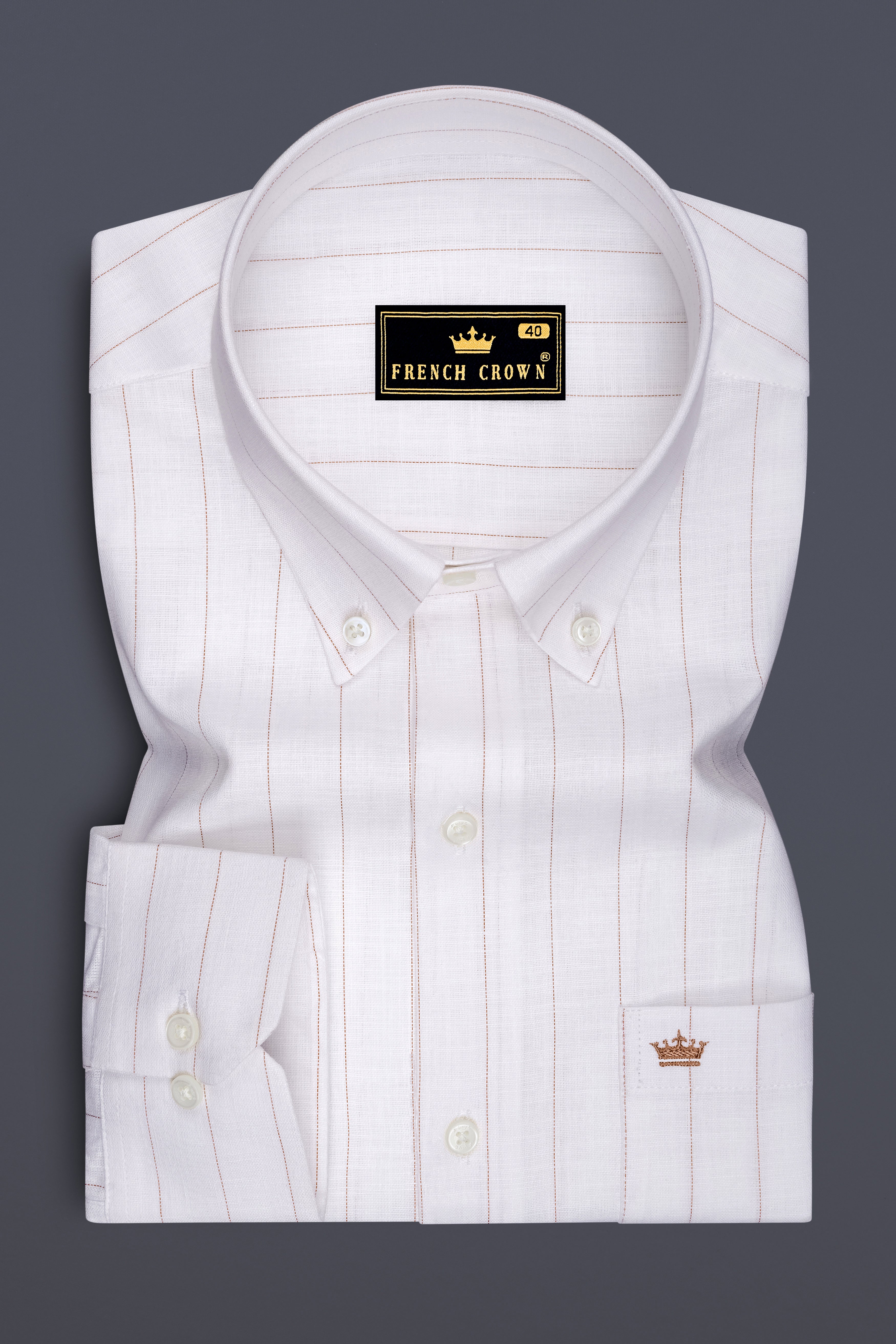 Prestige-Bright White And Cocoa Brown Pin Striped Luxurious Linen Button Down Dress Shirts