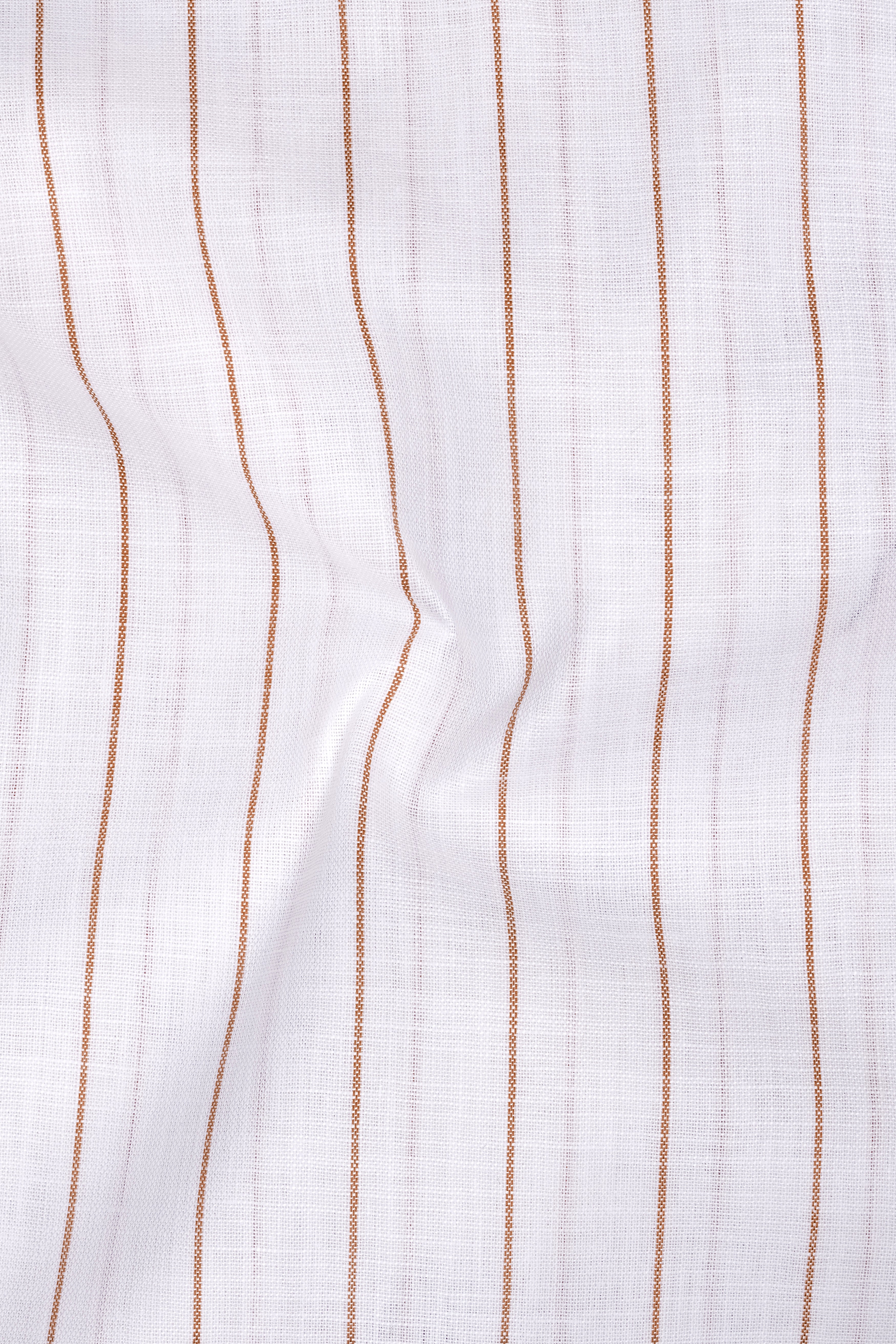 Echelon-Bright White And Mocha Brown Pin Striped Luxurious Linen Button Down Dress Shirt