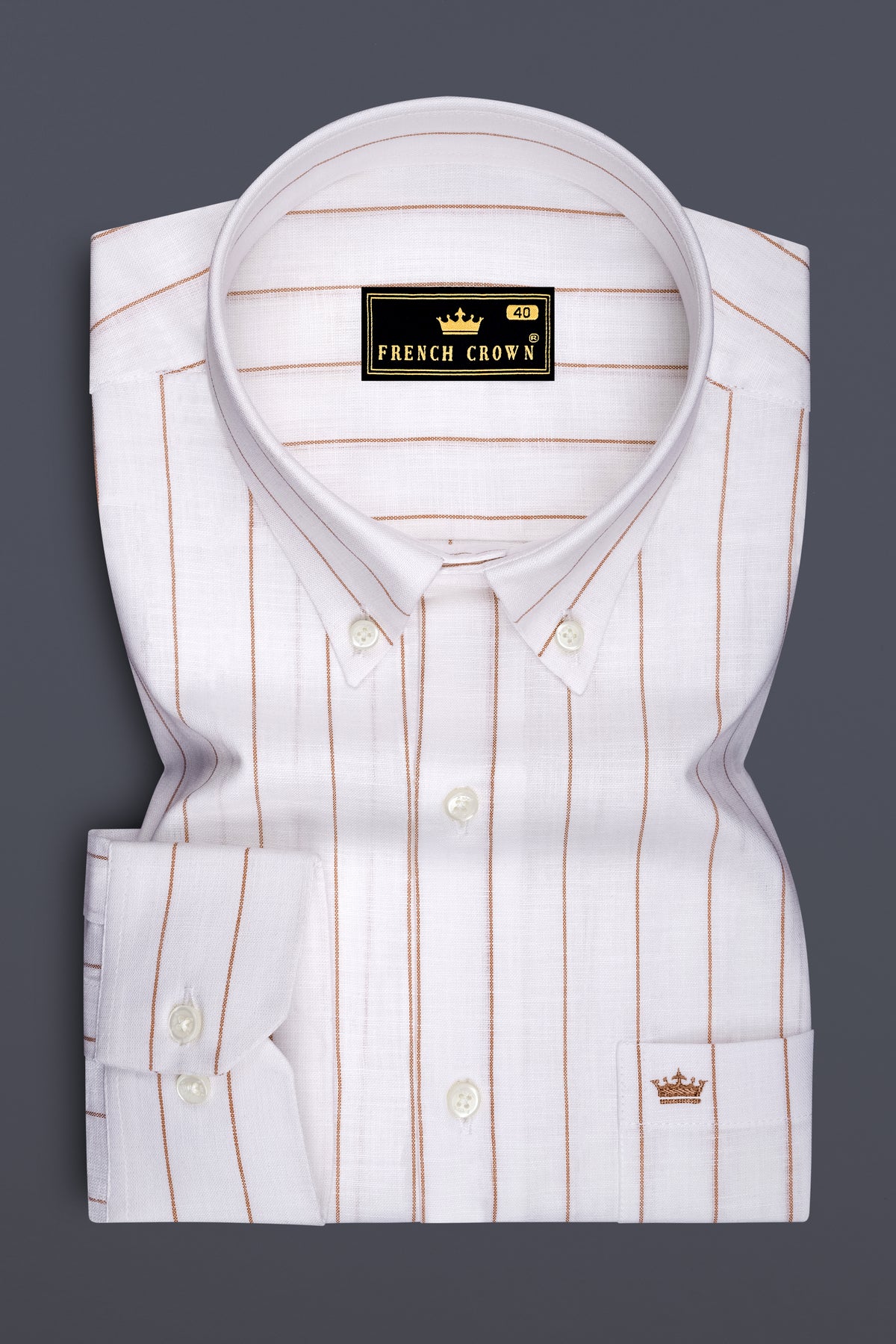 Echelon-Bright White And Mocha Brown Pin Striped Luxurious Linen Button Down Dress Shirt