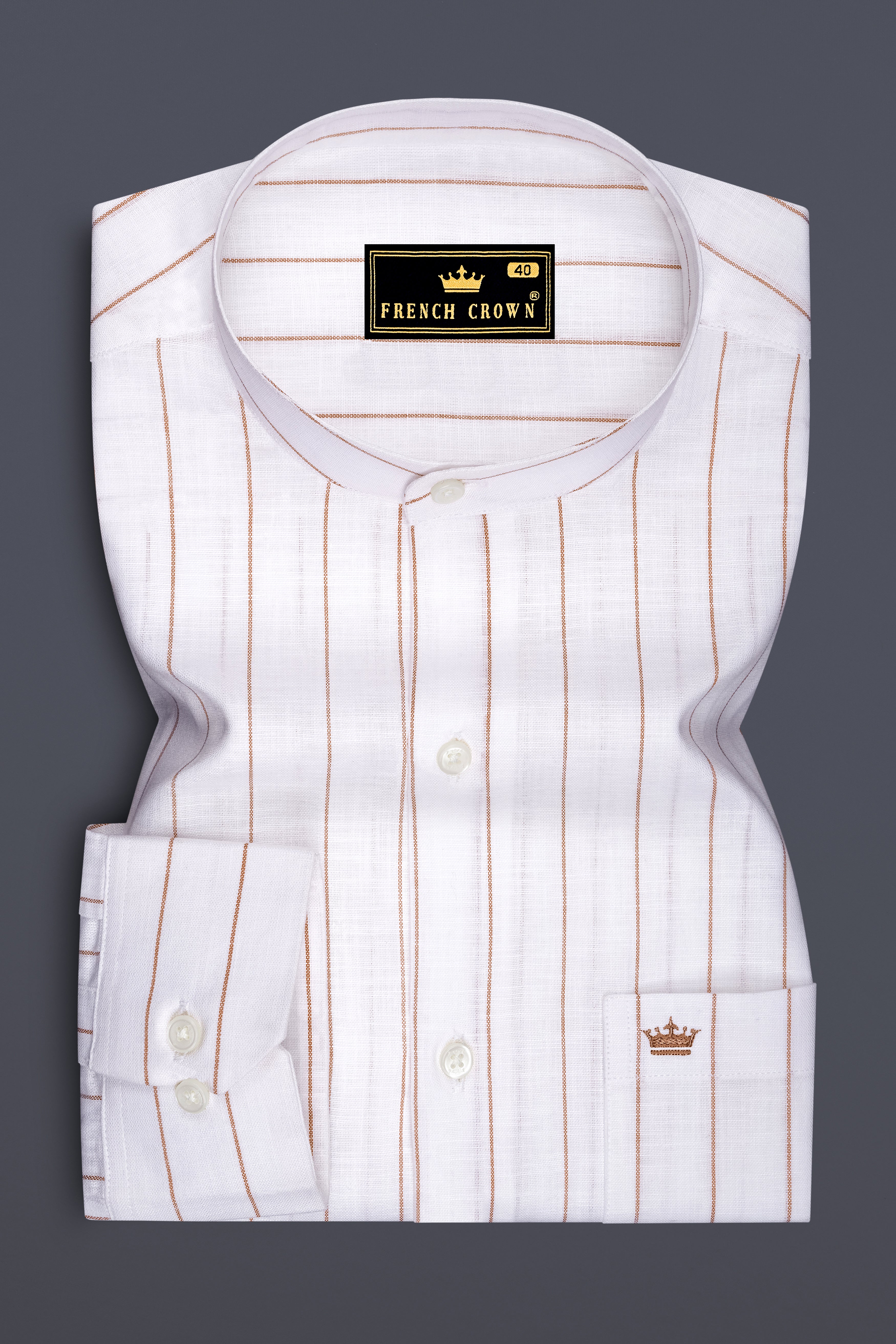 Echelon-Bright White And Mocha Brown Pin Striped Luxurious Linen Mandarin Casual Shirt