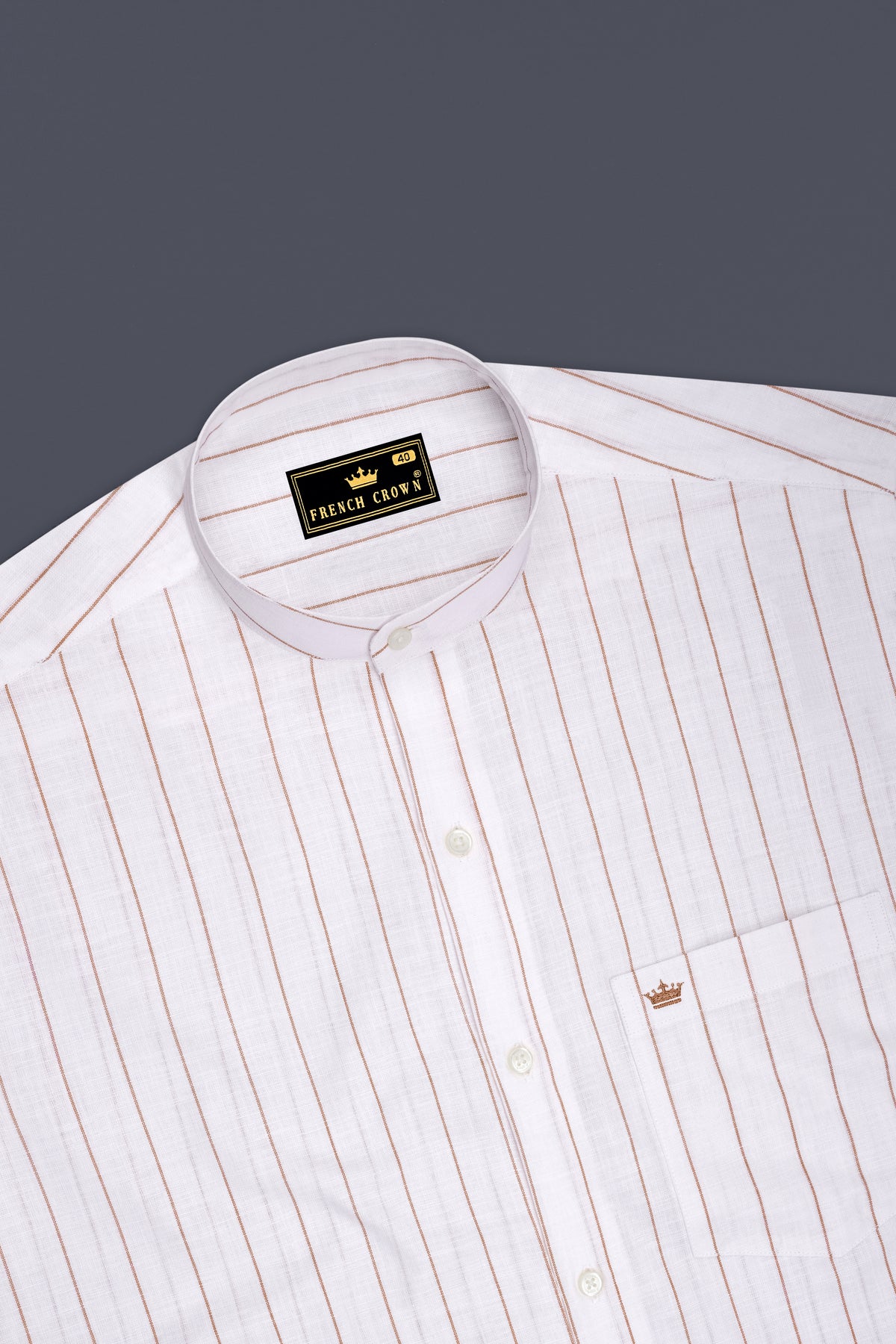 Echelon-Bright White And Mocha Brown Pin Striped Luxurious Linen Mandarin Casual Shirt