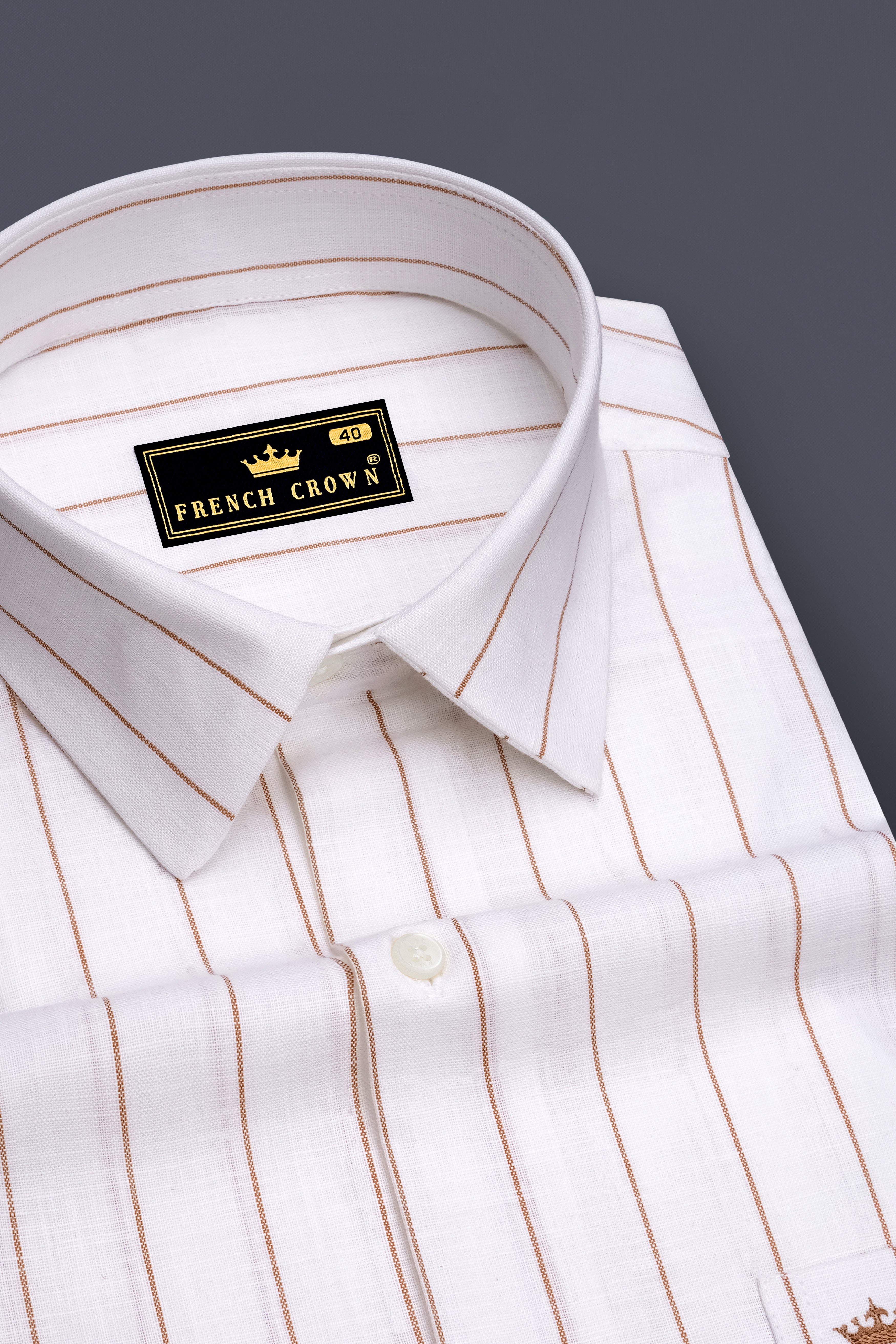 Echelon-Bright White And Mocha Brown Pin Striped Luxurious Linen Dress Shirt