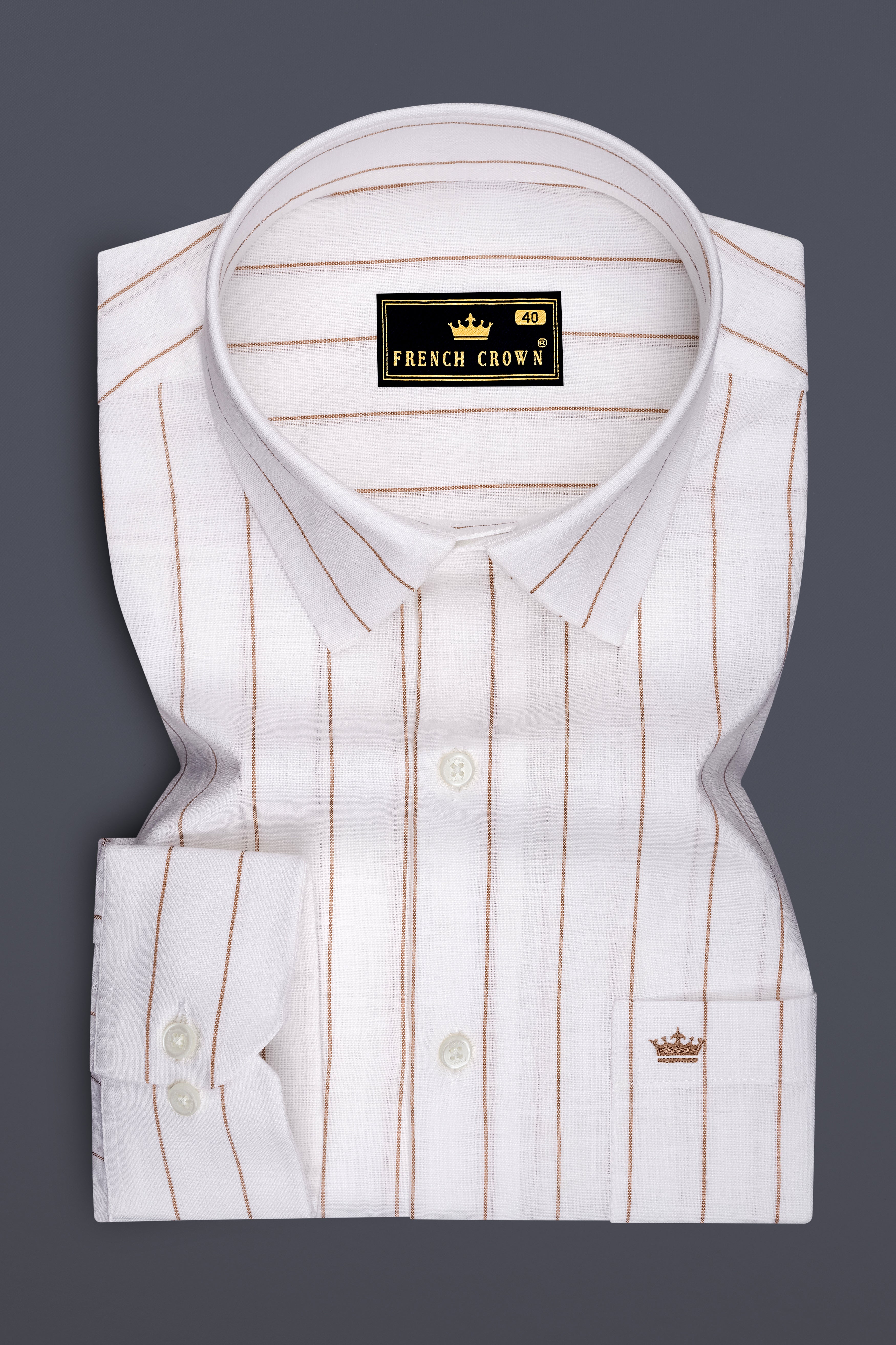 Echelon-Bright White And Mocha Brown Pin Striped Luxurious Linen Dress Shirt