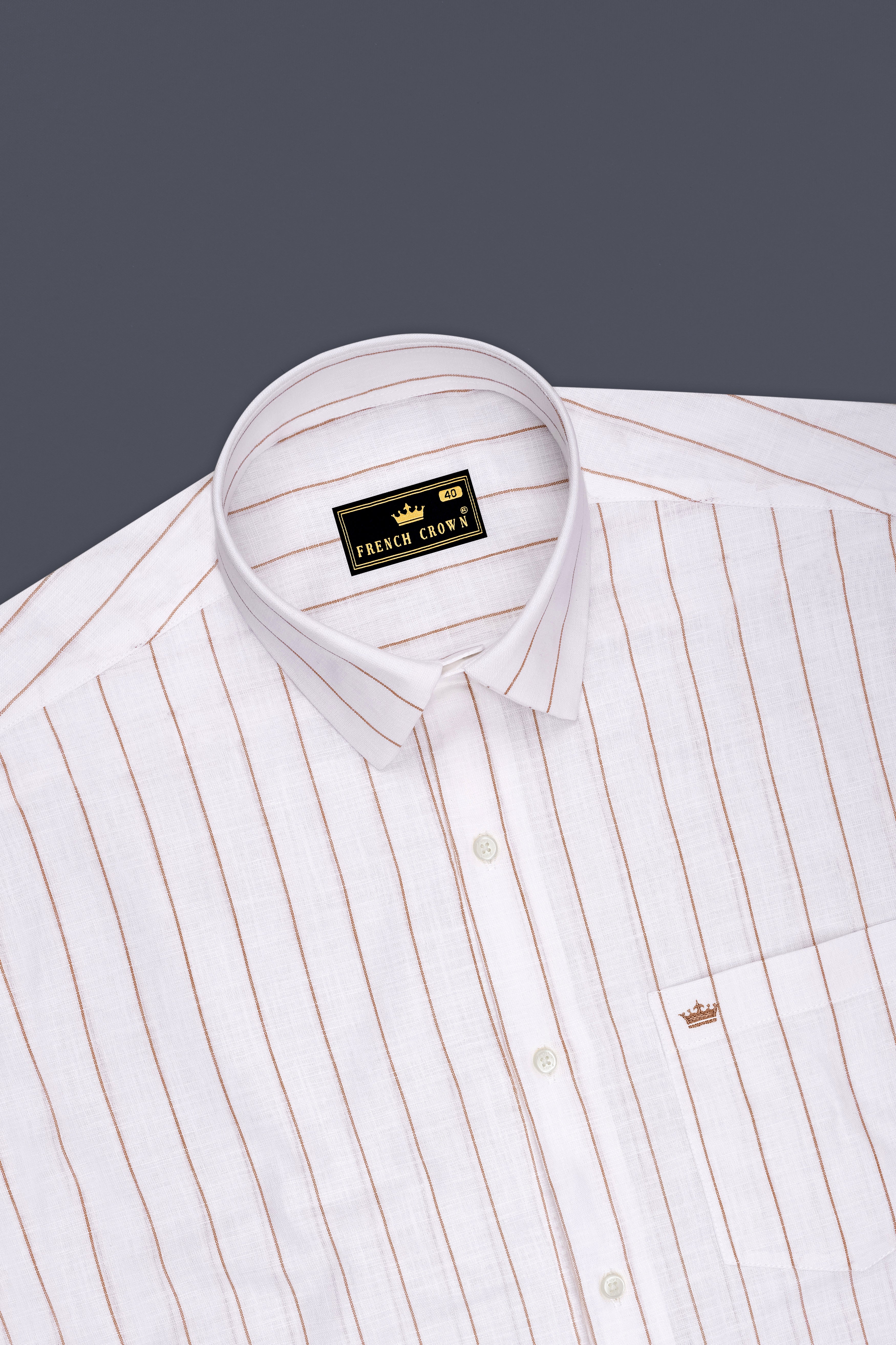 Echelon-Bright White And Mocha Brown Pin Striped Luxurious Linen Dress Shirt