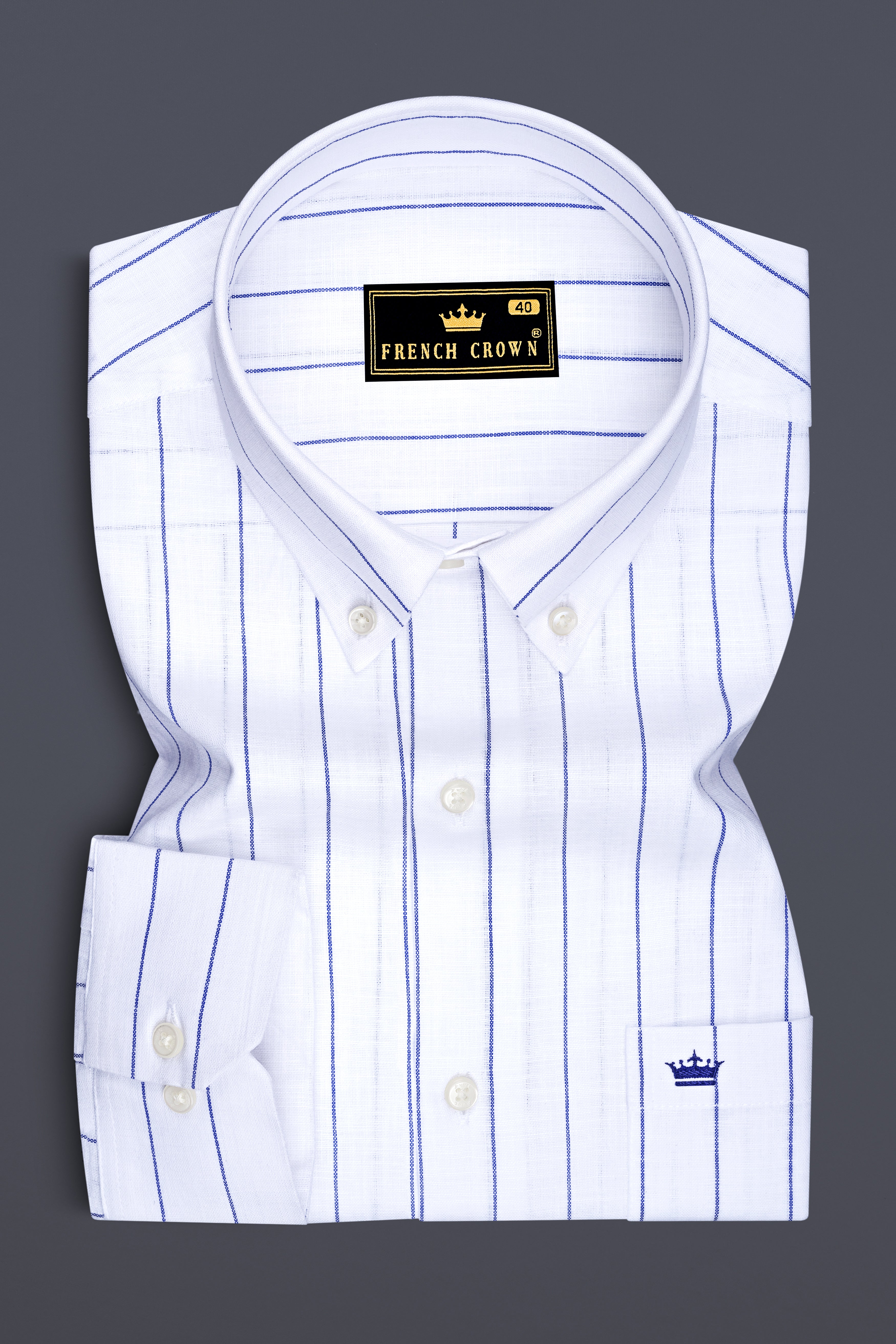 Sartorial-Bright White And Fiord Blue Pin Striped Luxurious Linen Button Down Dress Shirts