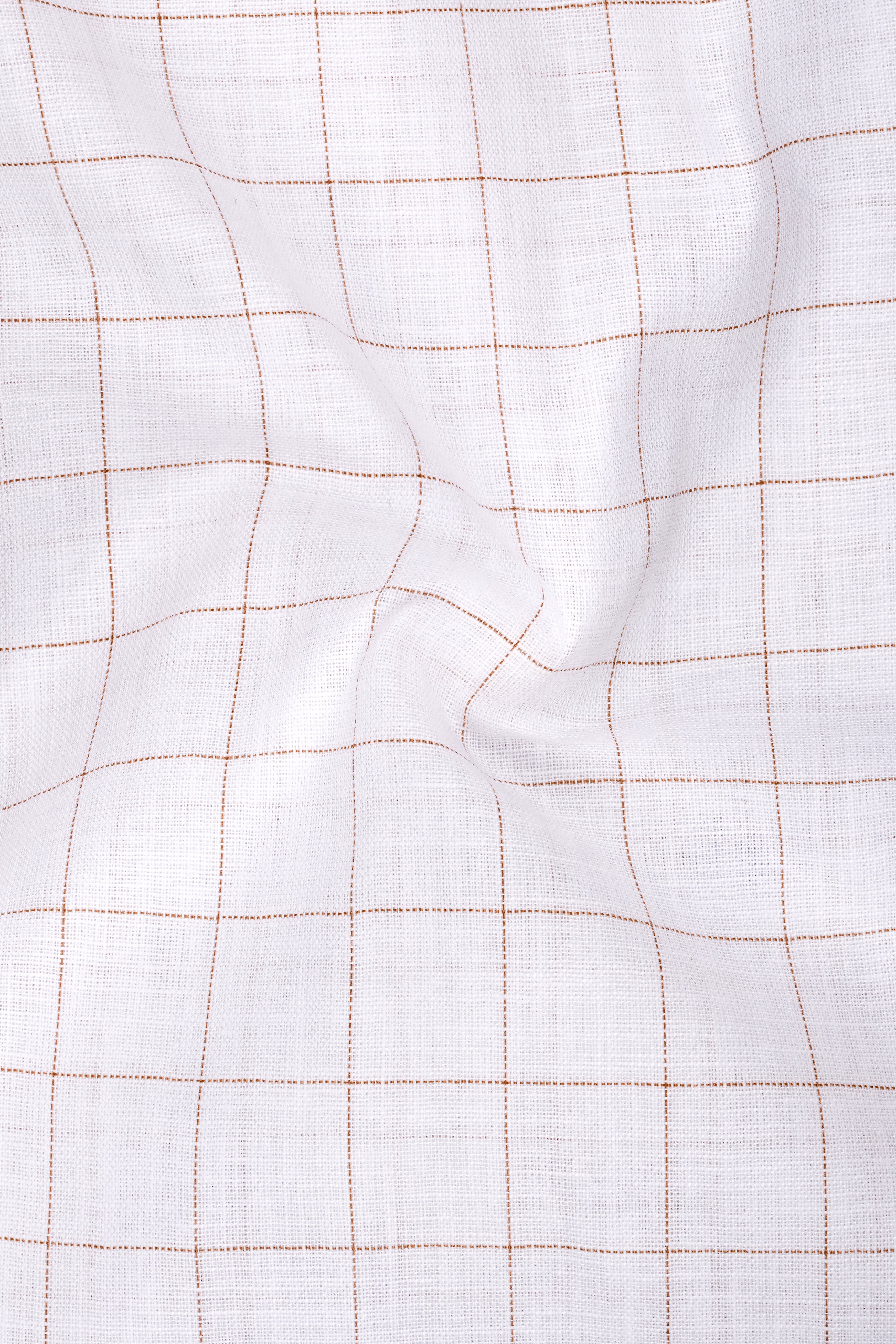 Soleil-Bright White And Leather Orange Windowpane Luxurious Linen Mandarin Casual Shirt