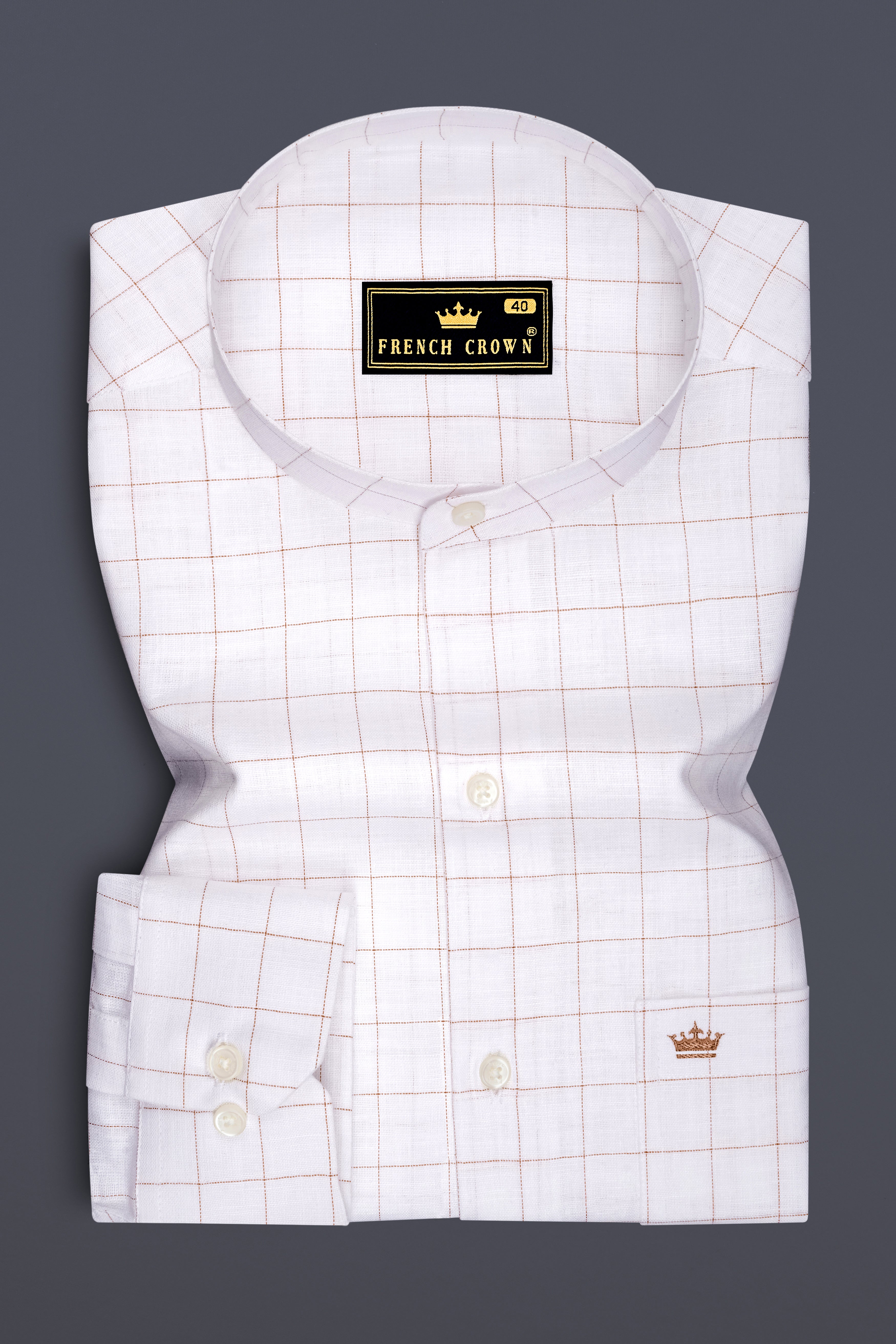 Soleil-Bright White And Leather Orange Windowpane Luxurious Linen Mandarin Casual Shirt