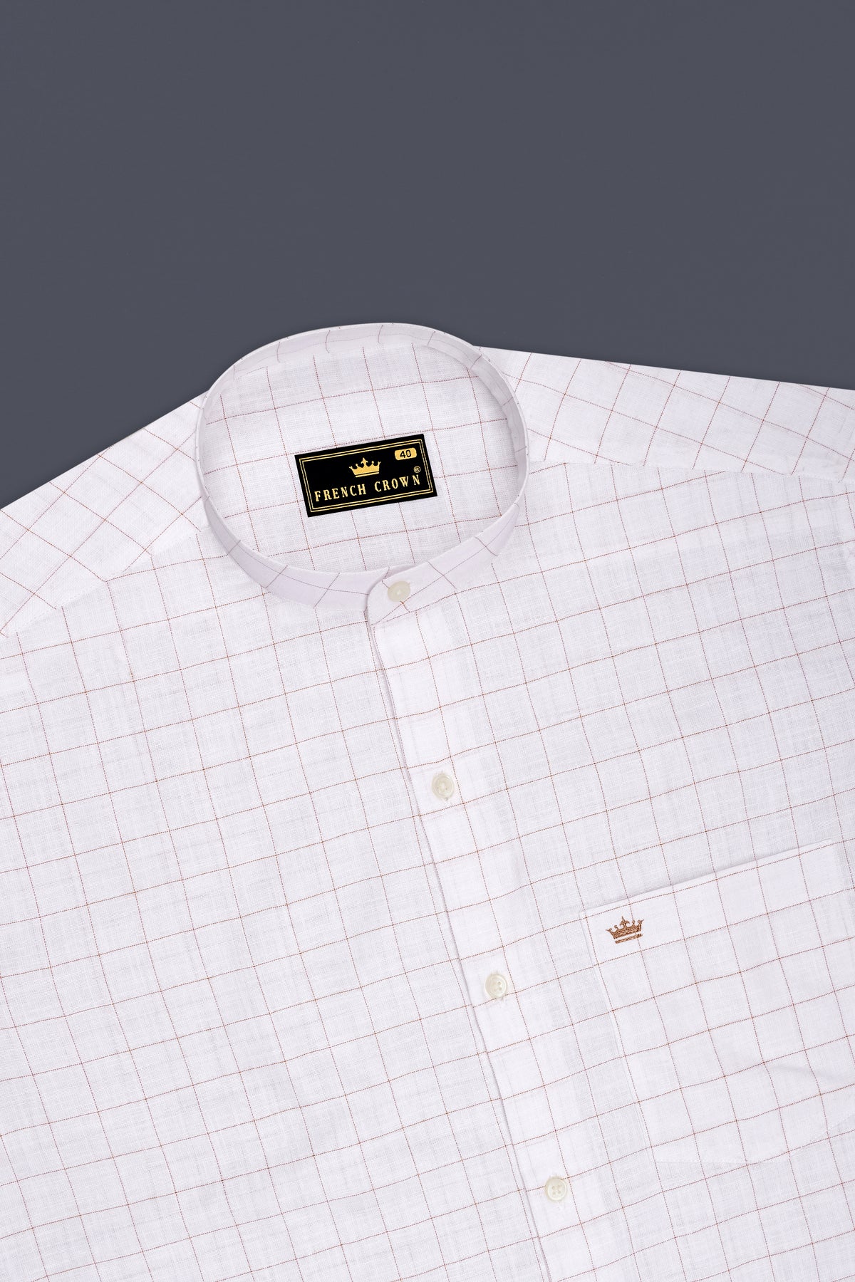 Soleil-Bright White And Leather Orange Windowpane Luxurious Linen Mandarin Casual Shirt