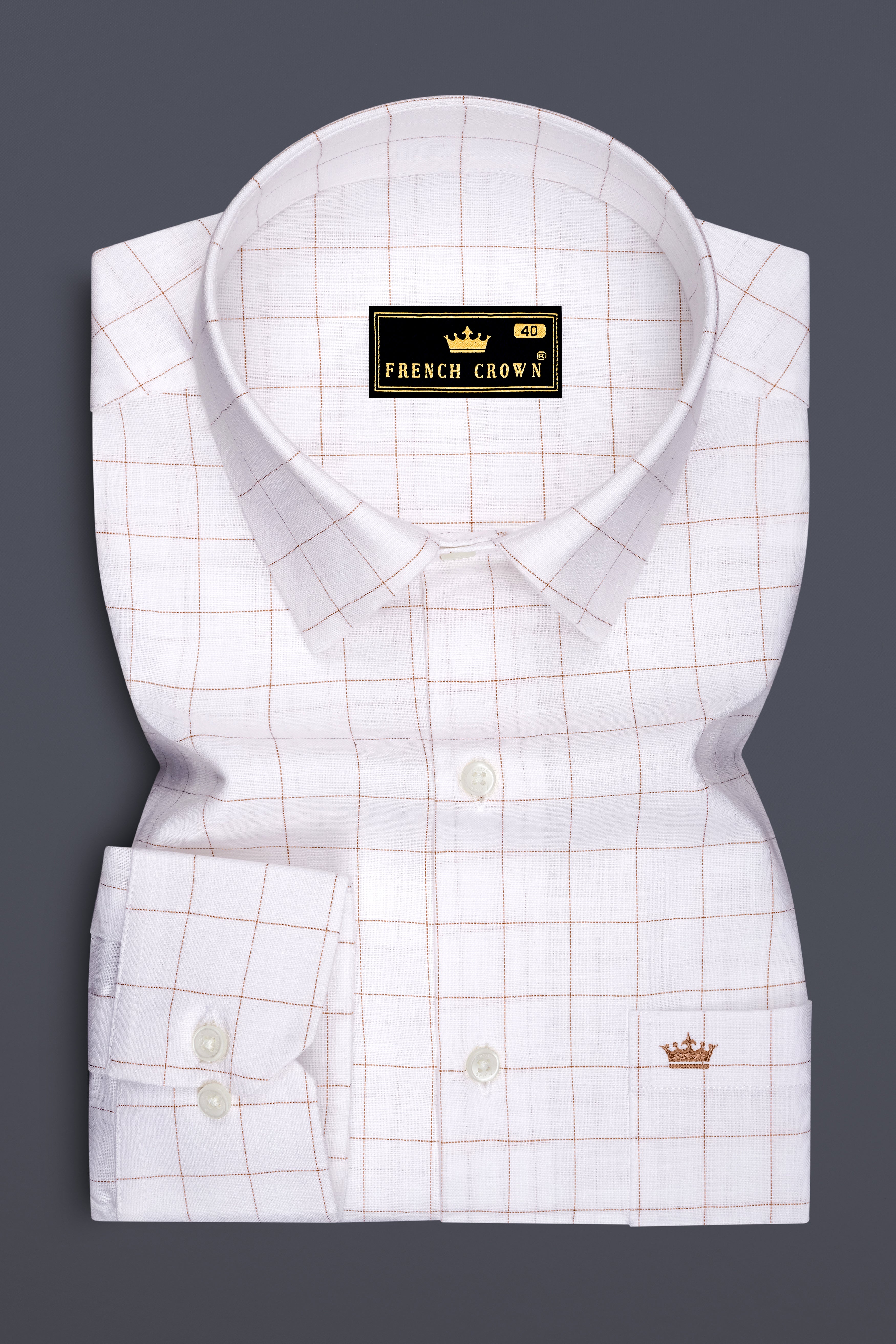 Soleil-Bright White And Leather Orange Windowpane Luxurious Linen Dress Shirt