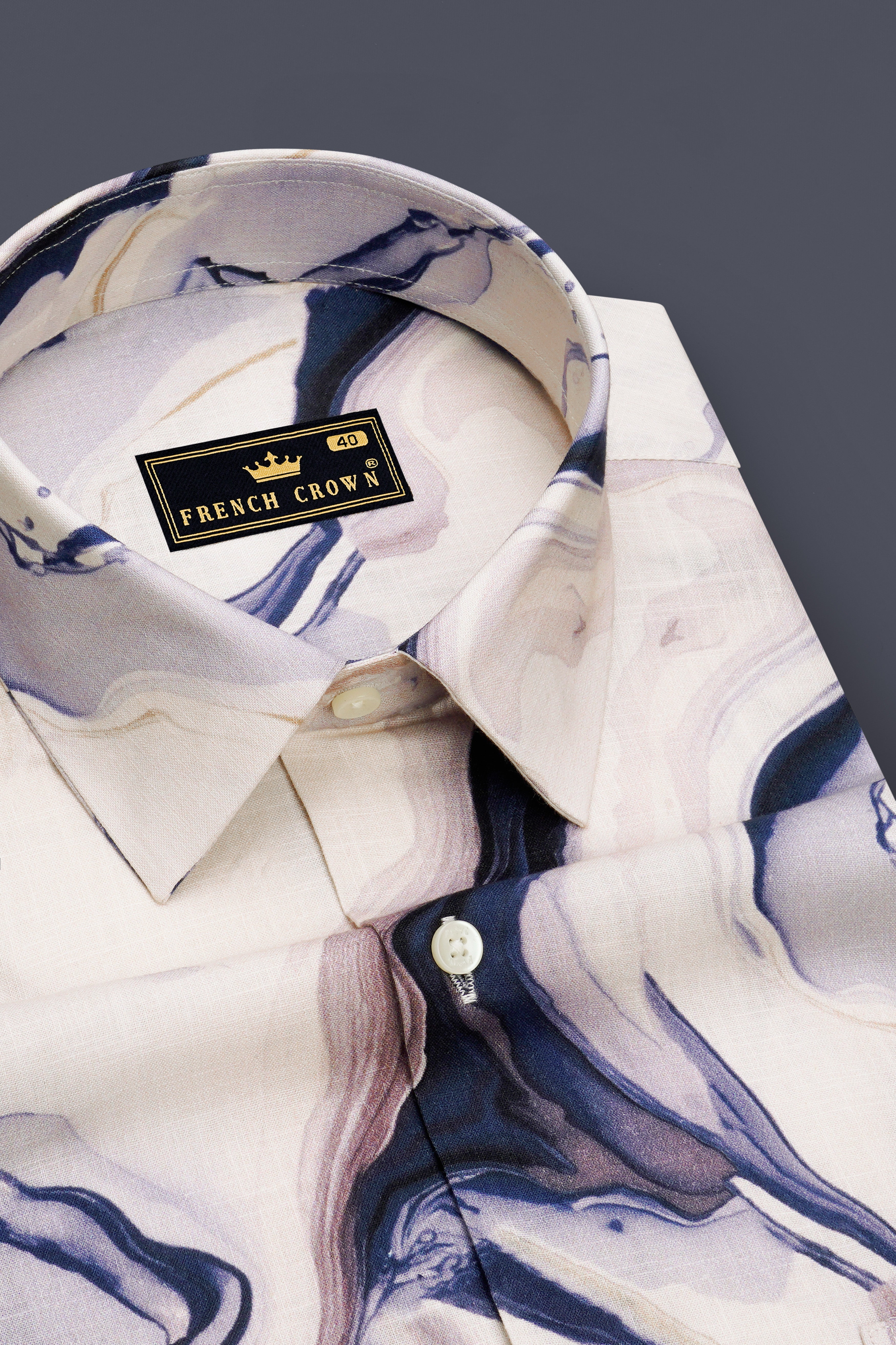 Marina-Off White And Haiti Blue Marble Swirl Printed Linen-Cotton Blend Button Down Casual Shirt