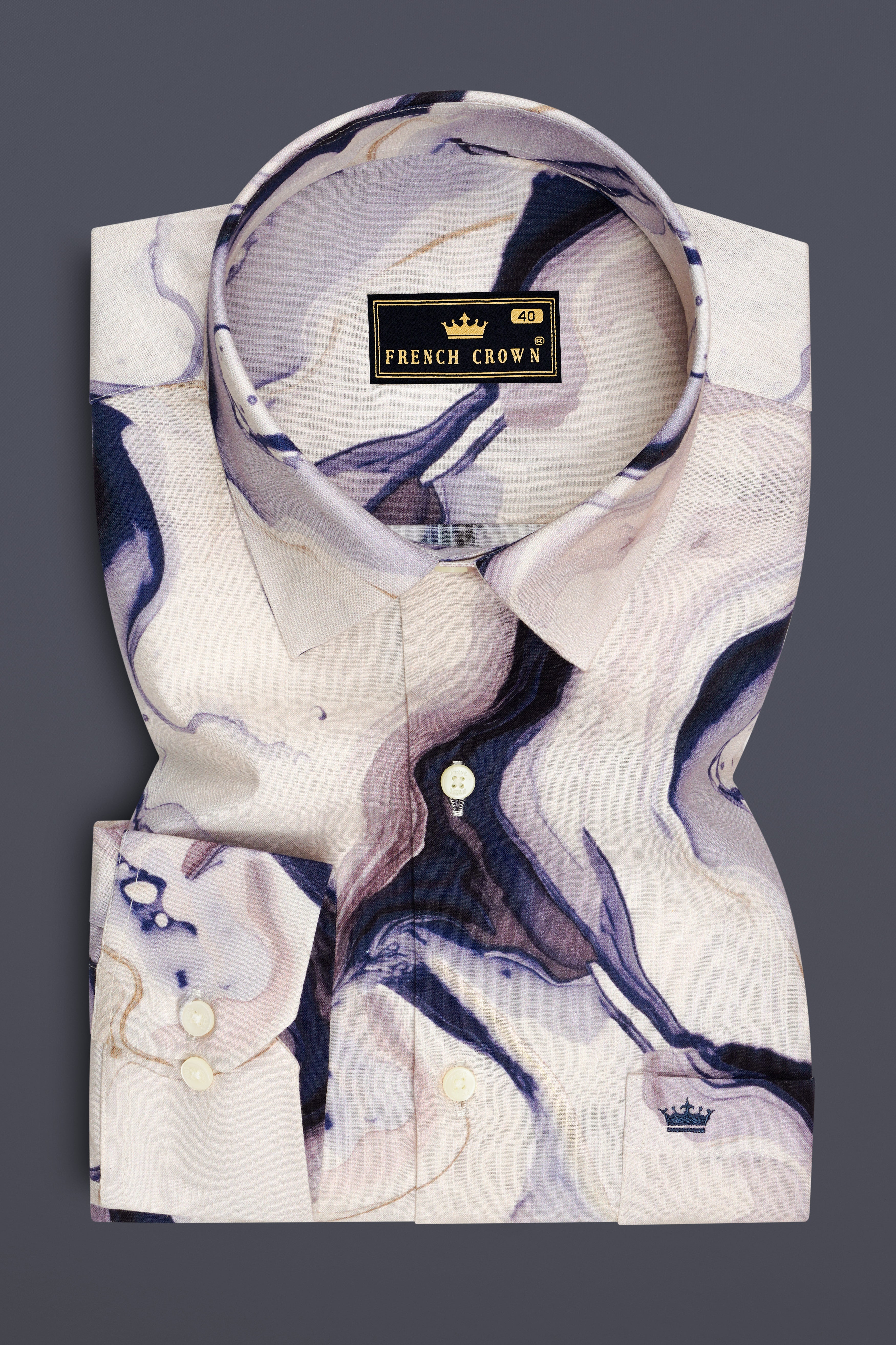 Marina-Off White And Haiti Blue Marble Swirl Printed Linen-Cotton Blend Button Down Casual Shirt