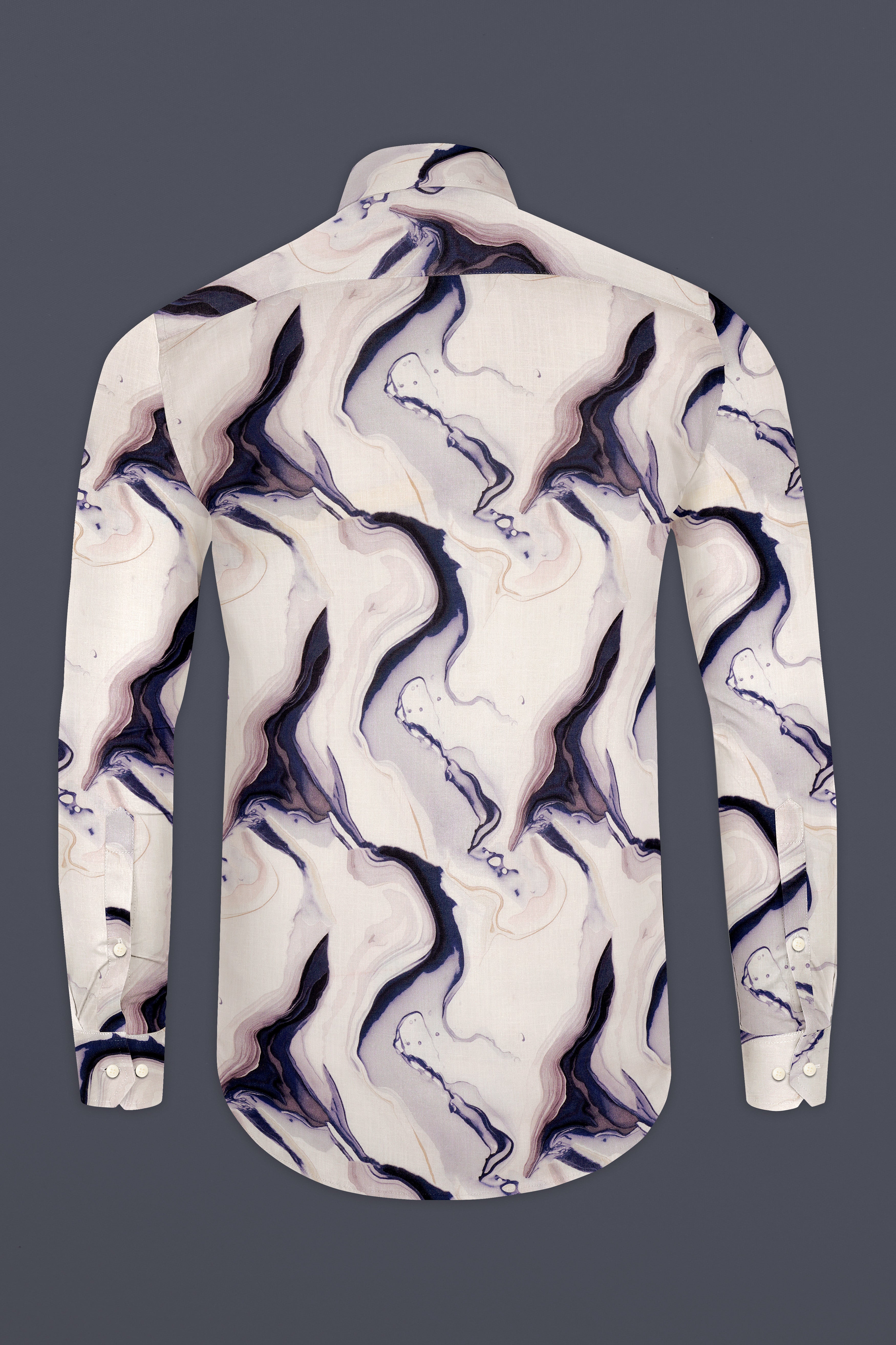 Marina-Off White And Haiti Blue Marble Swirl Printed Linen-Cotton Blend Button Down Casual Shirt