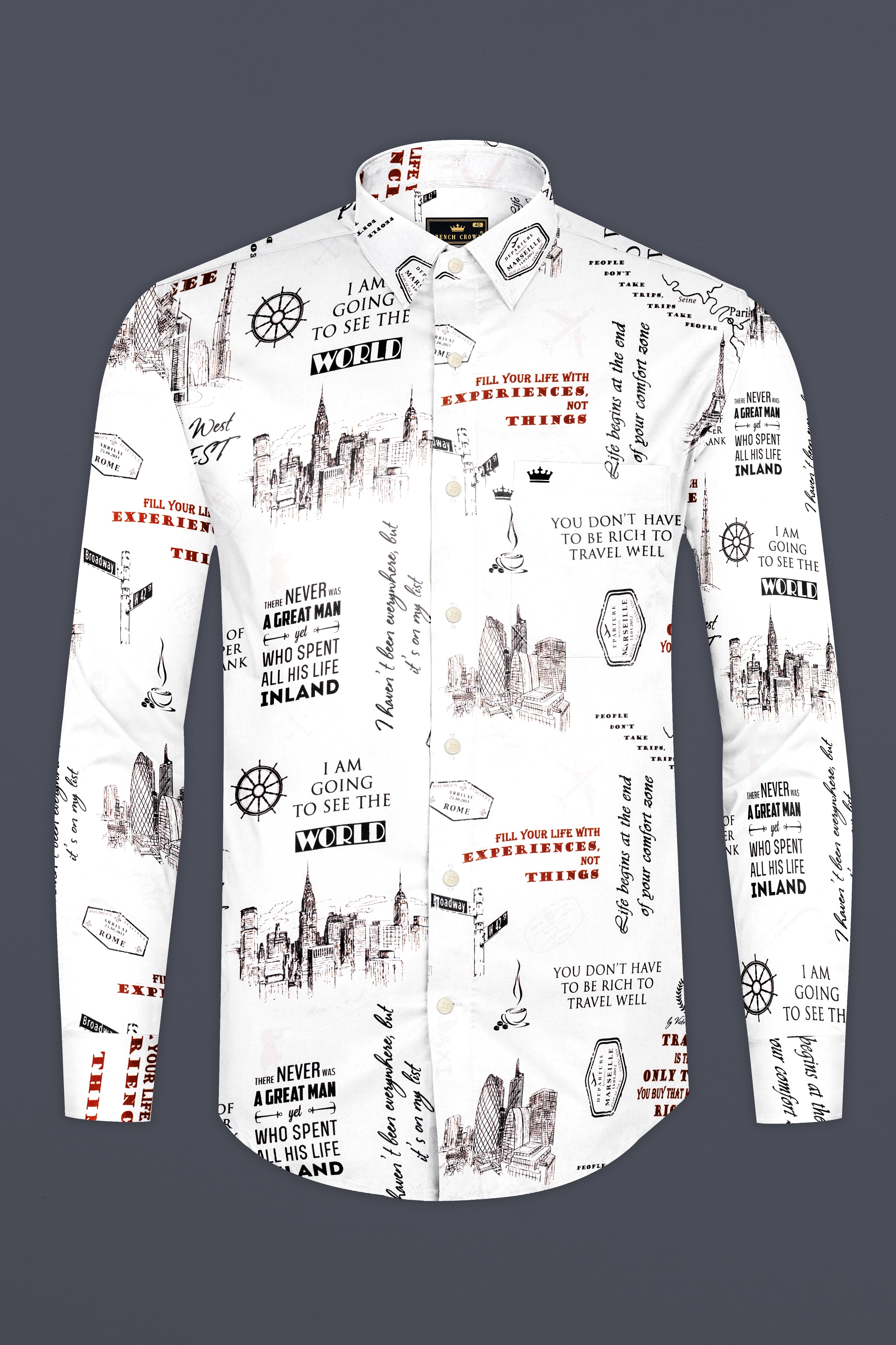 Voyage-Bright White Travel Typography Printed Subtle Sheen Super Soft Premium Cotton Casual Shirt