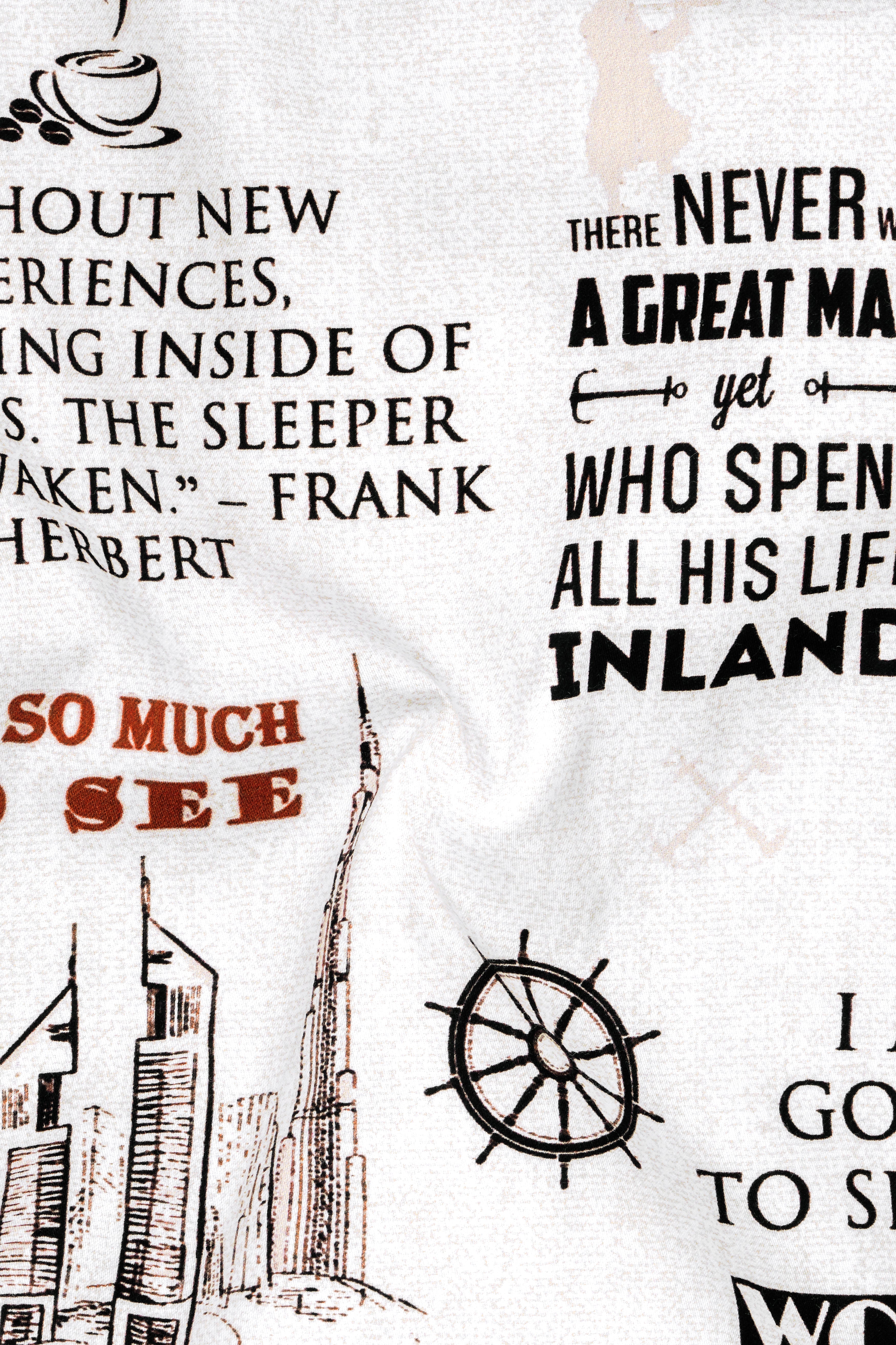 Voyage-Bright White Travel Typography Printed Subtle Sheen Super Soft Premium Cotton Casual Shirt