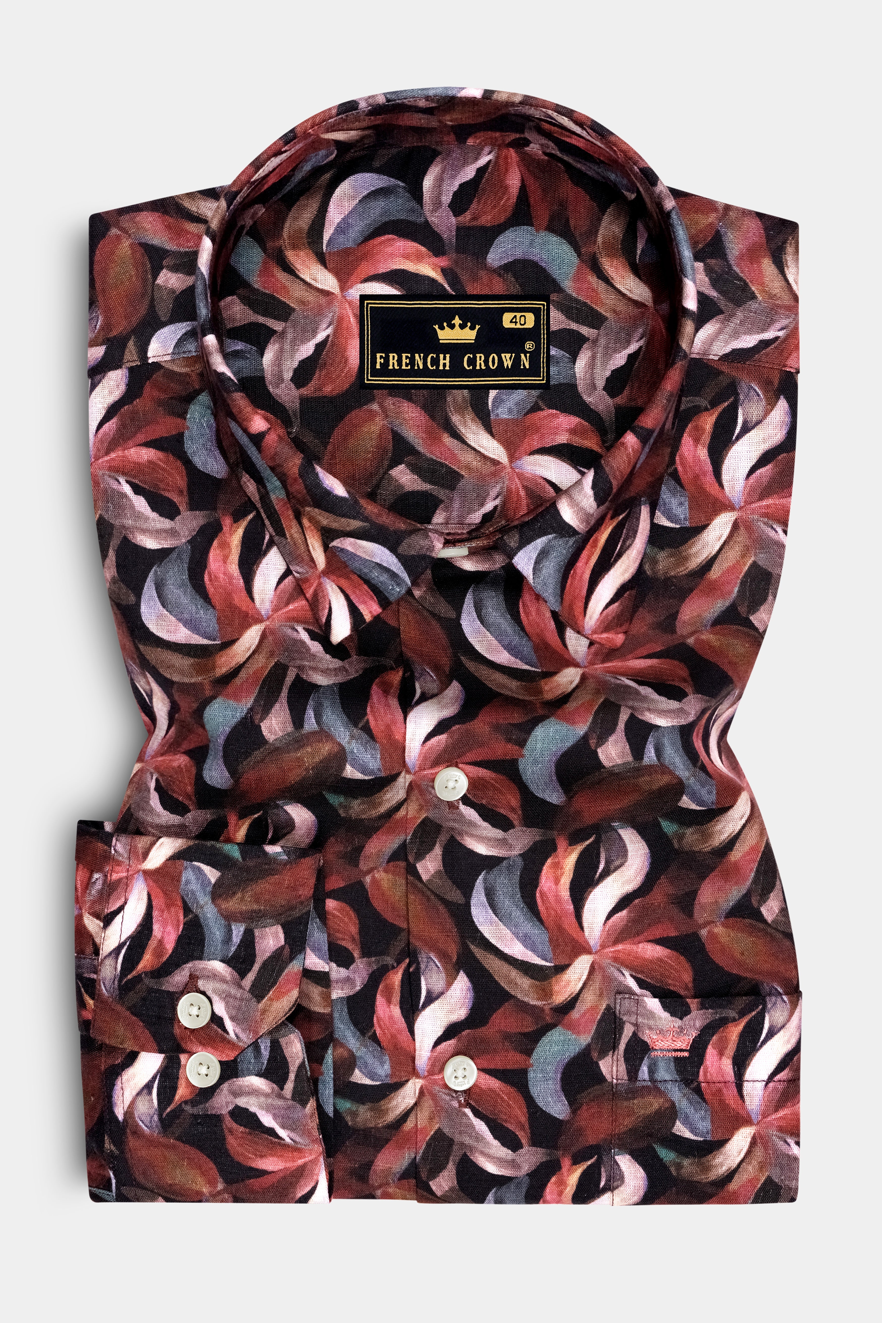 Brielle-Sanguine Red And Jade Black Multicolor Azure Floral Printed Linen-Cotton Blend Casual Shirt