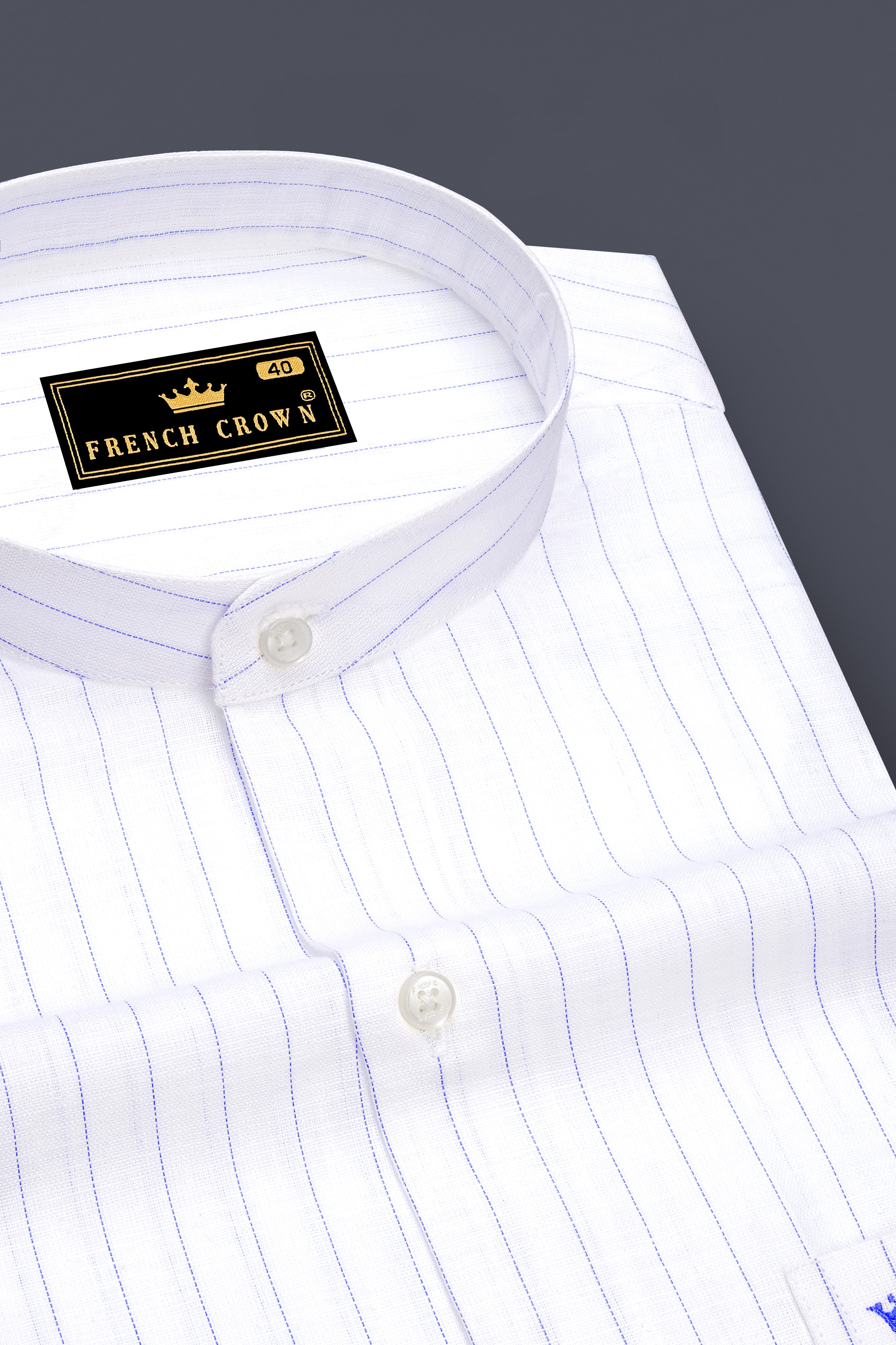 Mariner-Bright White And Scampi Blue Pin Striped Striped Luxurious Linen Mandarin Casual Shirt