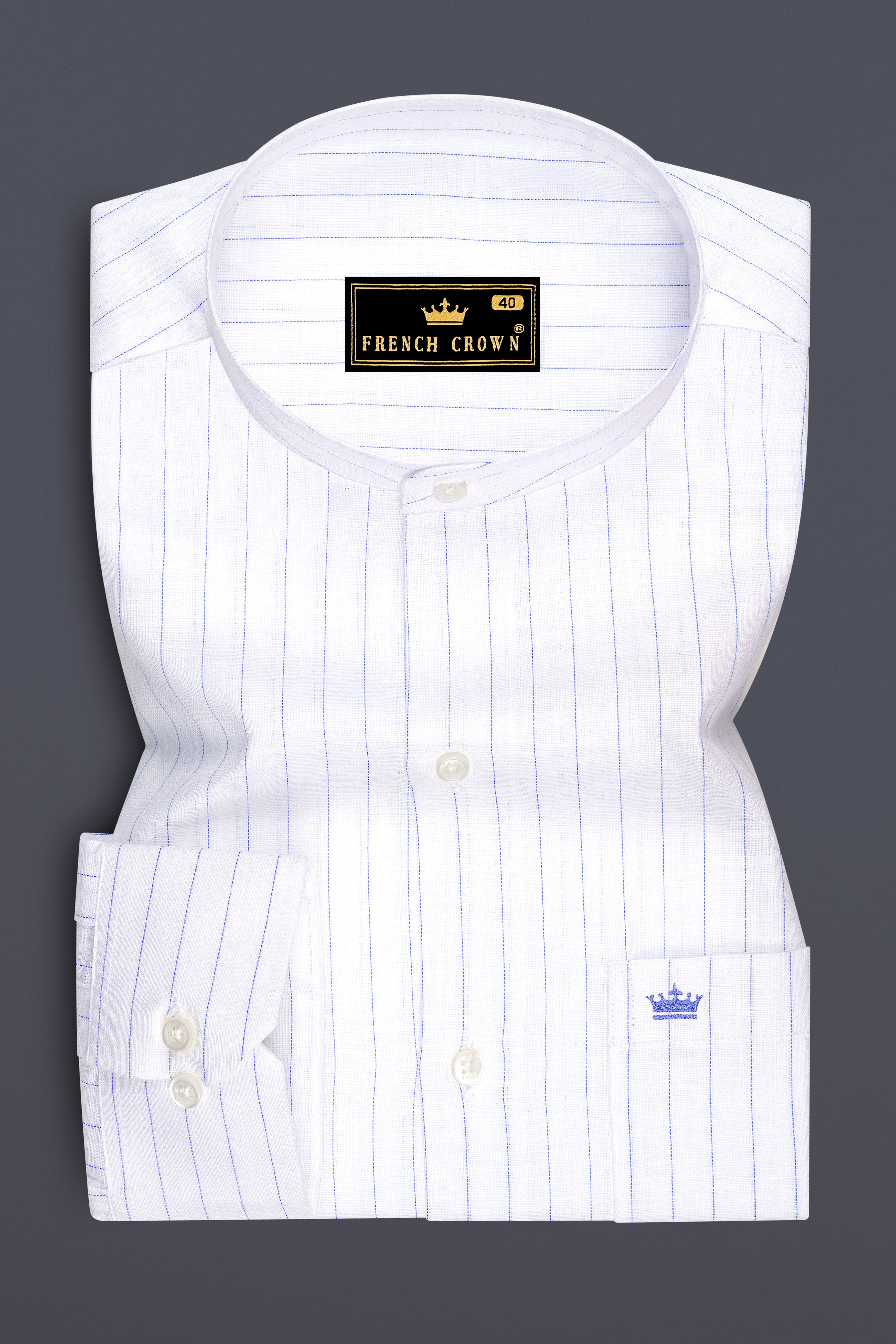 Mariner-Bright White And Scampi Blue Pin Striped Striped Luxurious Linen Mandarin Casual Shirt